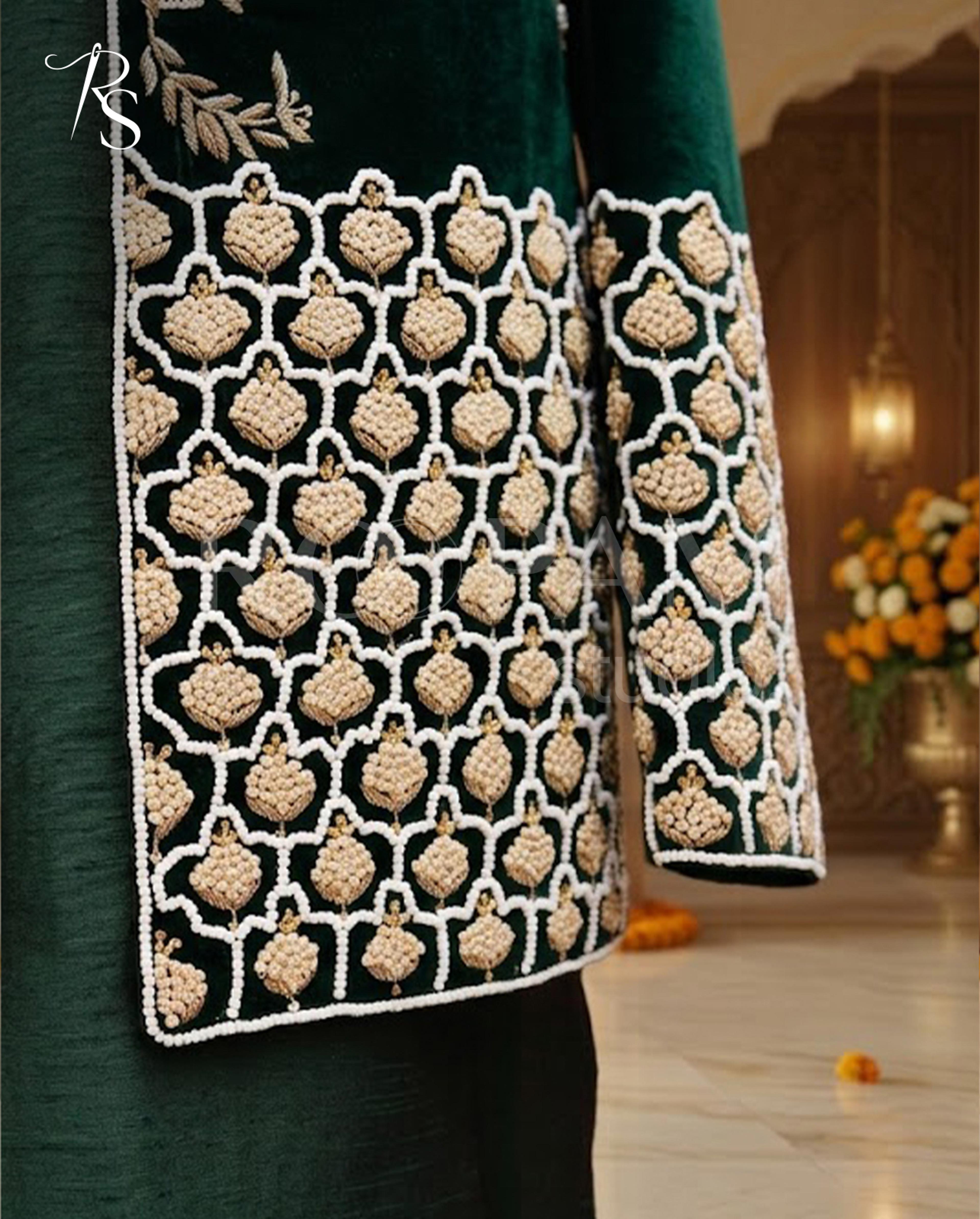 Emerald Green Pearl-Embroidered Velvet Sherwani - Thumbnail 2