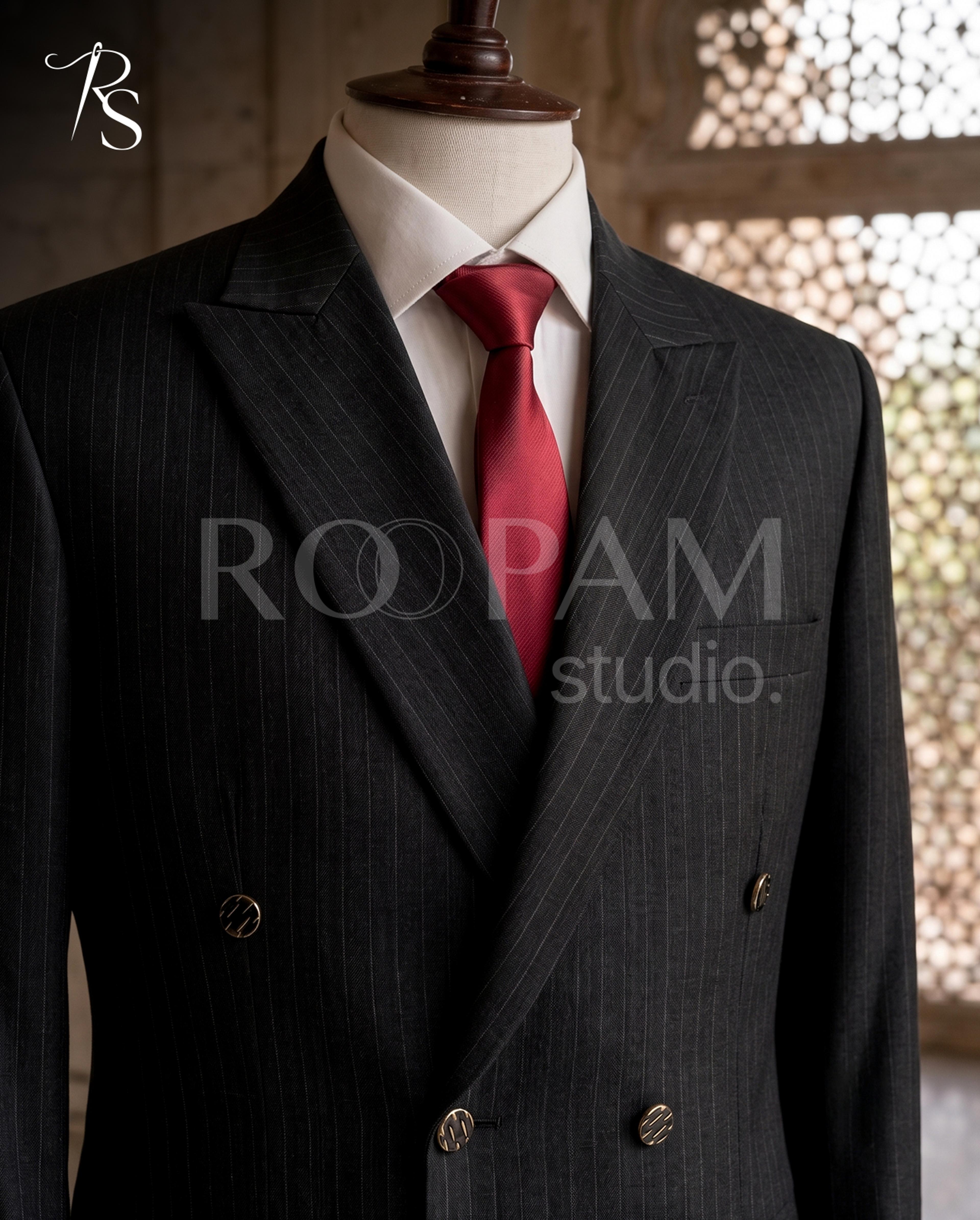 Premium Charcoal Black Pinstripe Double-Breasted Suit (2-Piece) - Thumbnail 3