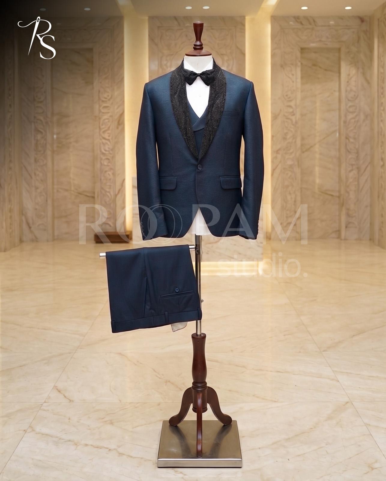 Navy Blue Tuxedo with Custom Black Beaded Lapel & Bow Tie - Image 1
