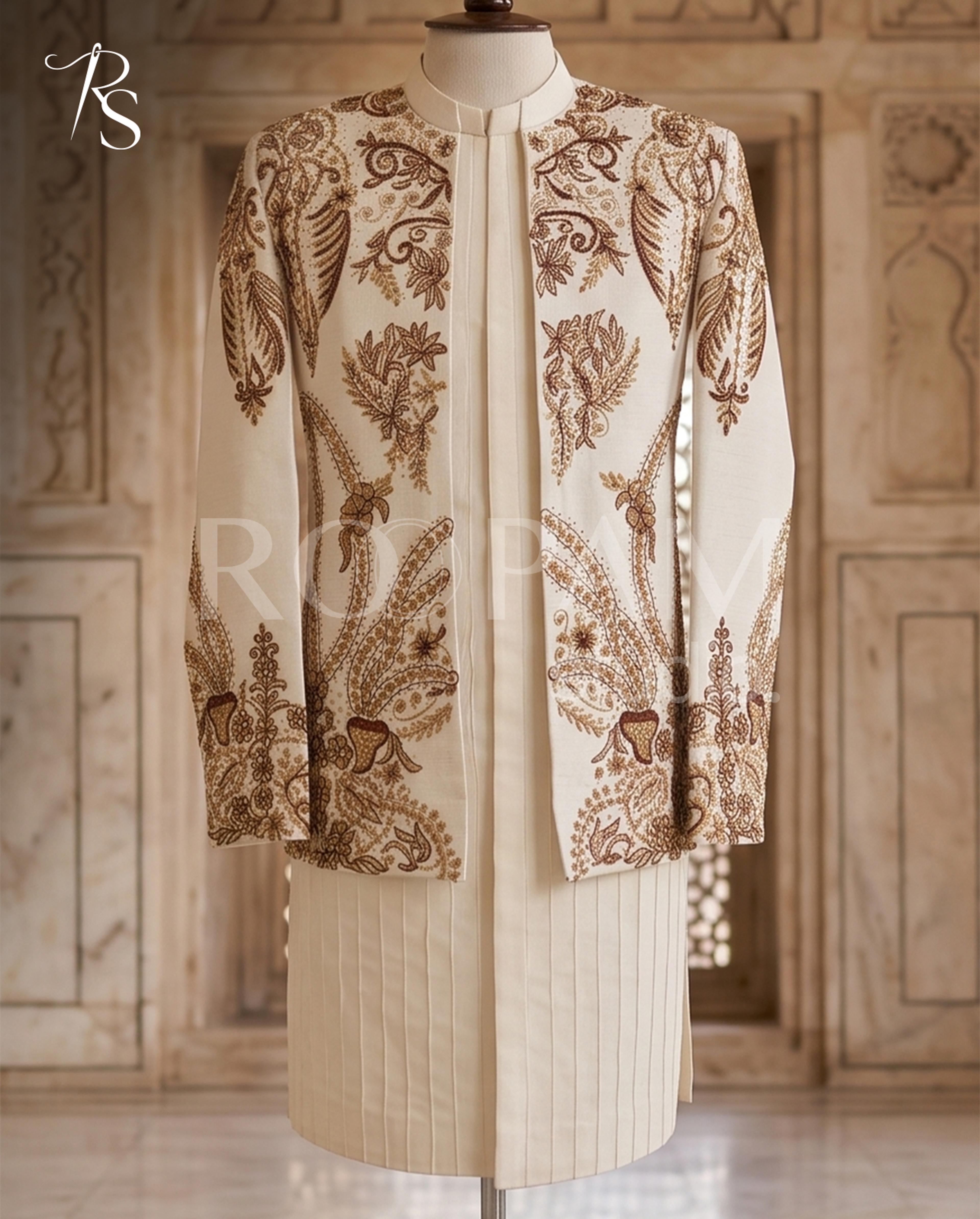 Ivory & Bronze Floral Embroidered Nikkah Prince Coat - Thumbnail 3