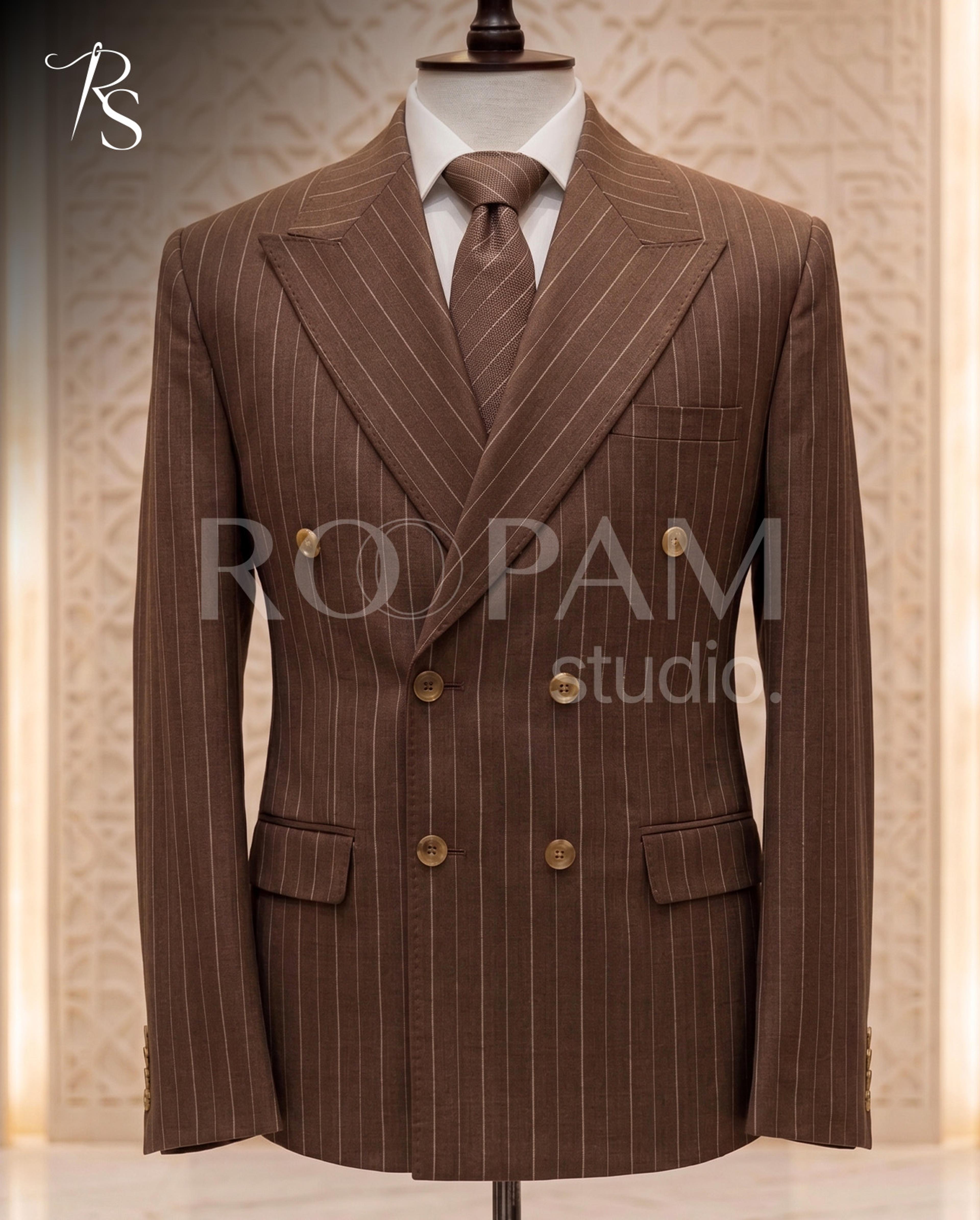 Premium Brown Pinstripe Double-Breasted Suit (2-Piece) - Thumbnail 1