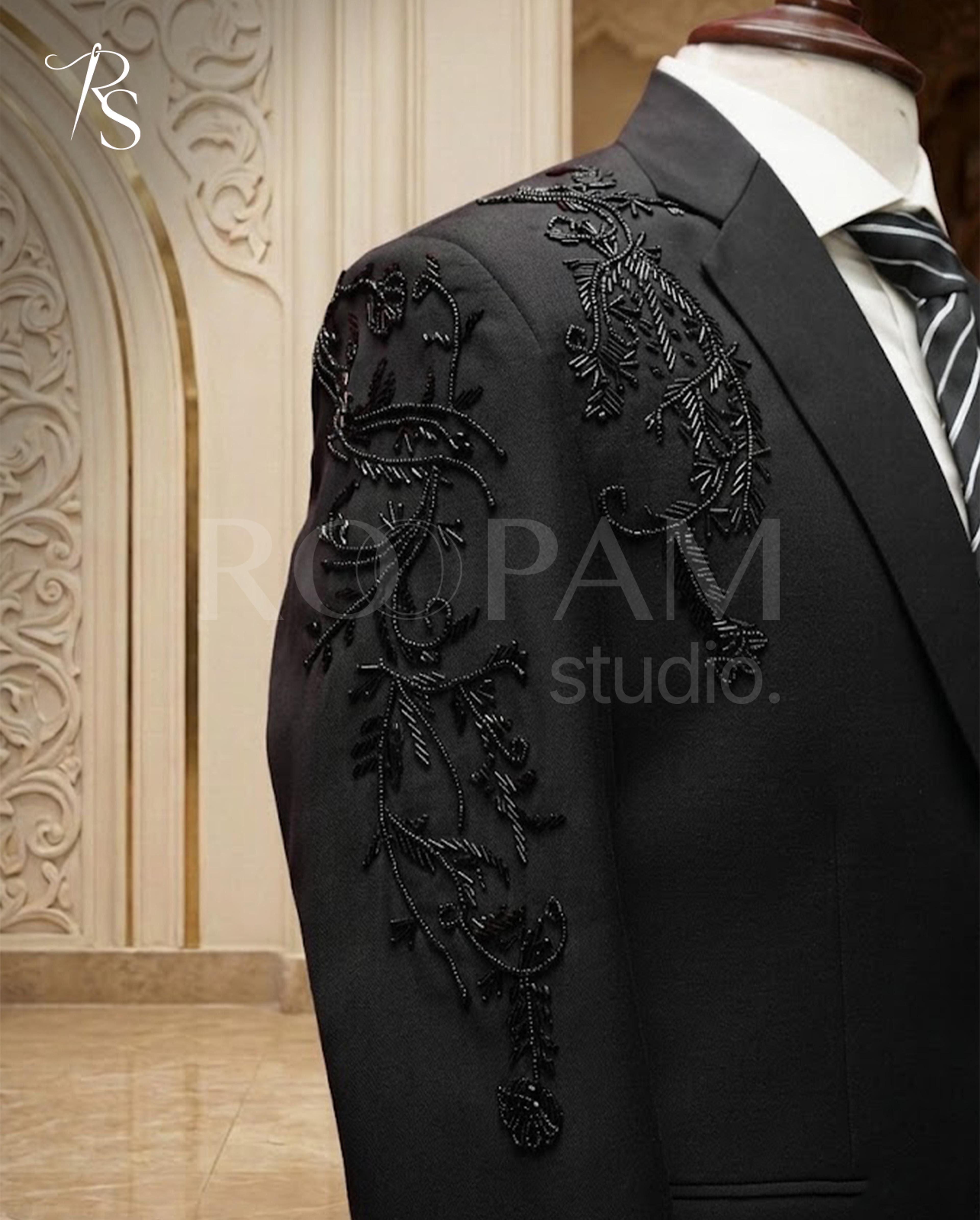 Premium Black Floral Vine Hand-Embellished Designer Suit (2-Piece) - Thumbnail 2