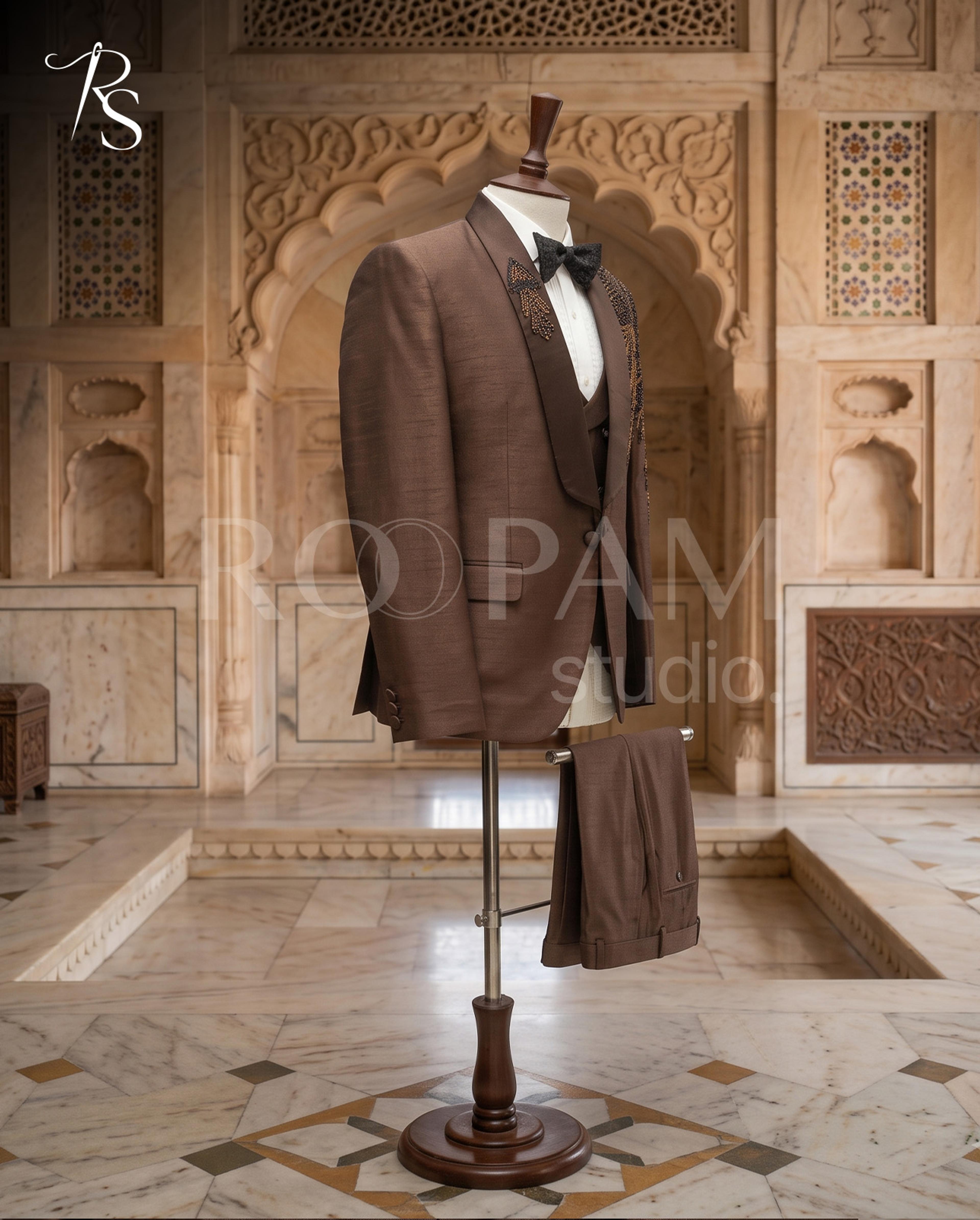 Luxury Brown Asymmetrical Floral Vine Hand-Embroidered 3-Piece Tuxedo - Thumbnail 2