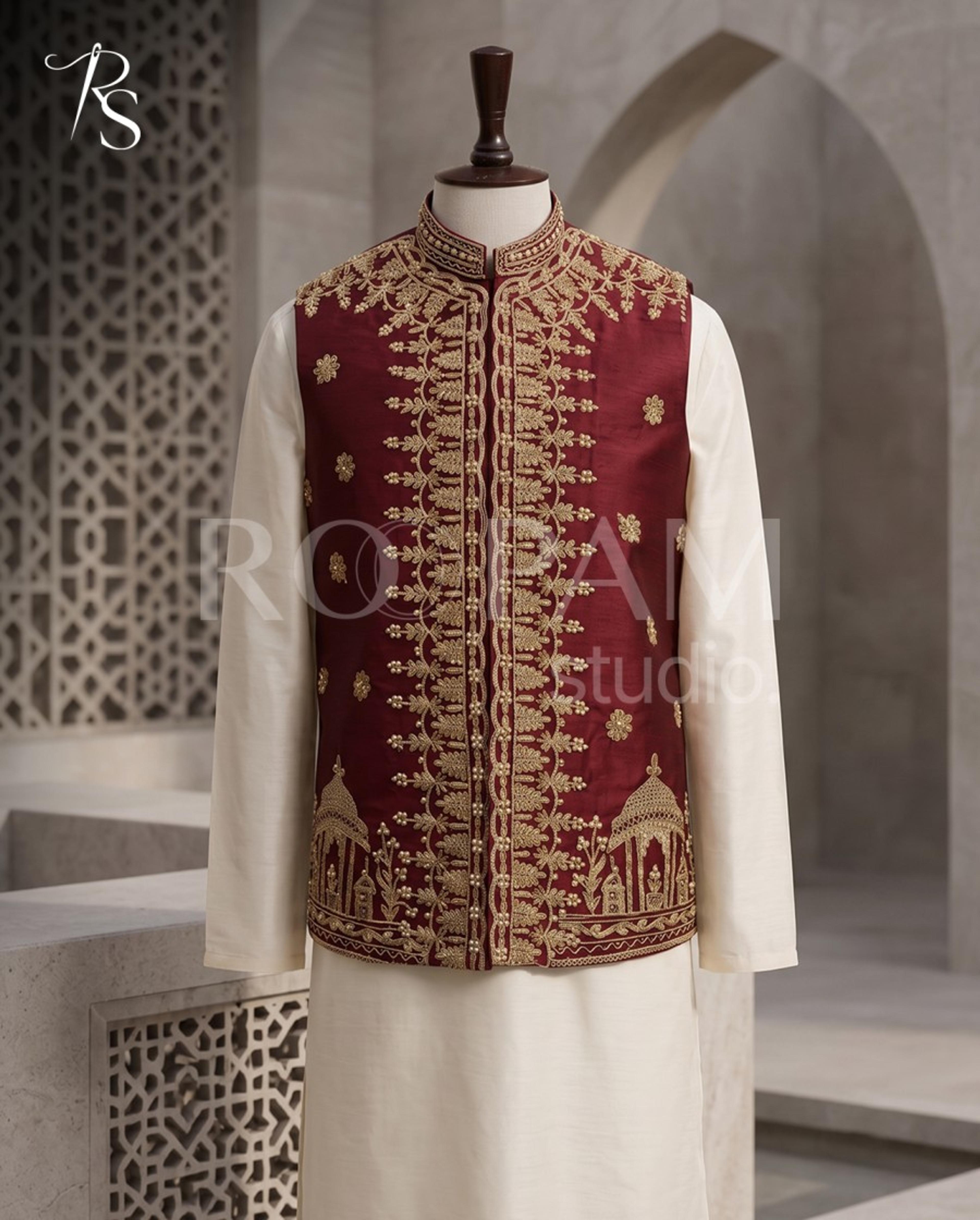 Royal Maroon & Gold Embroidered Waistcoat - Thumbnail 2