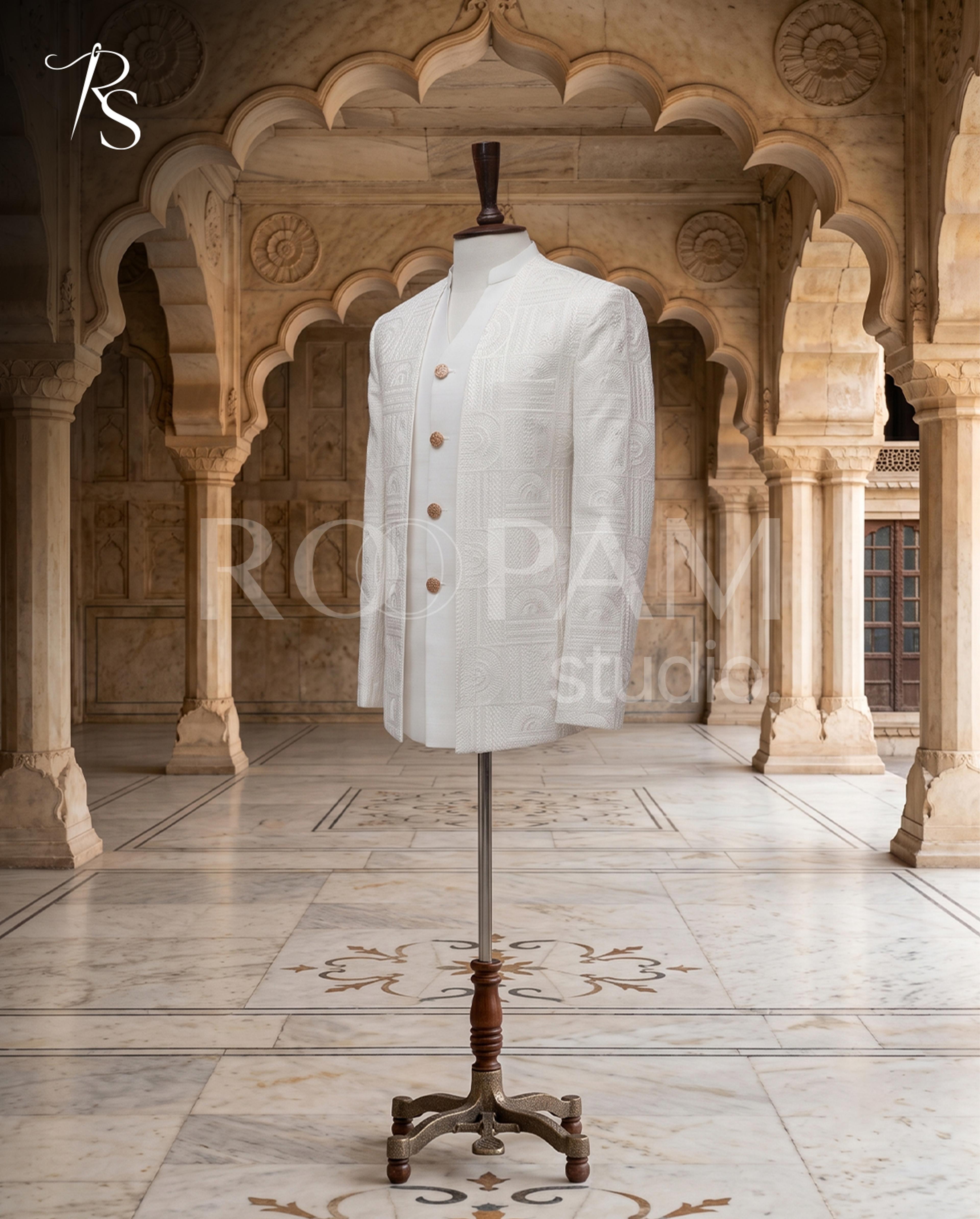 Premium White Geometric Embroidered Open Prince Coat