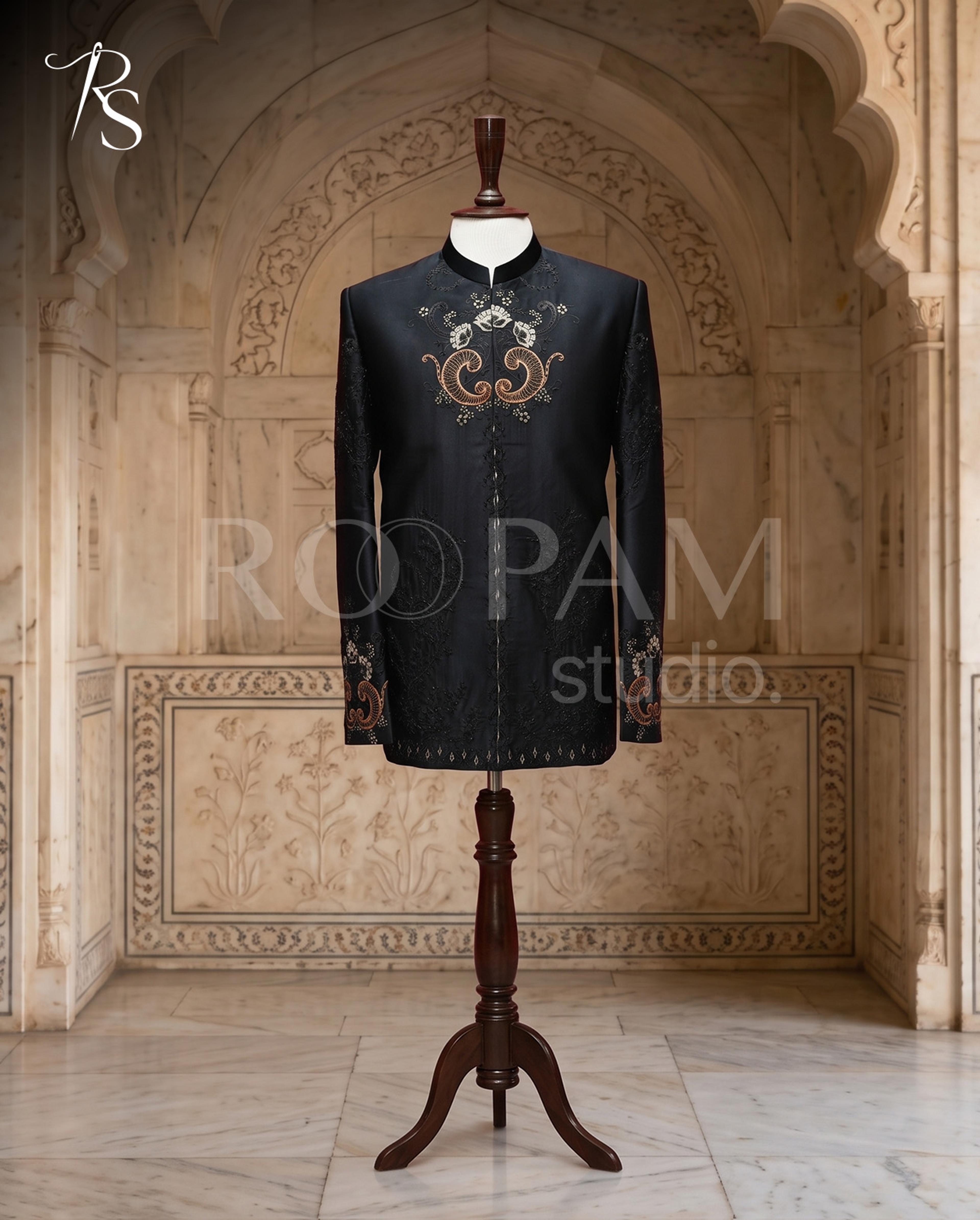 Premium Midnight Black "Signature Motif" Prince Coat - Thumbnail 2