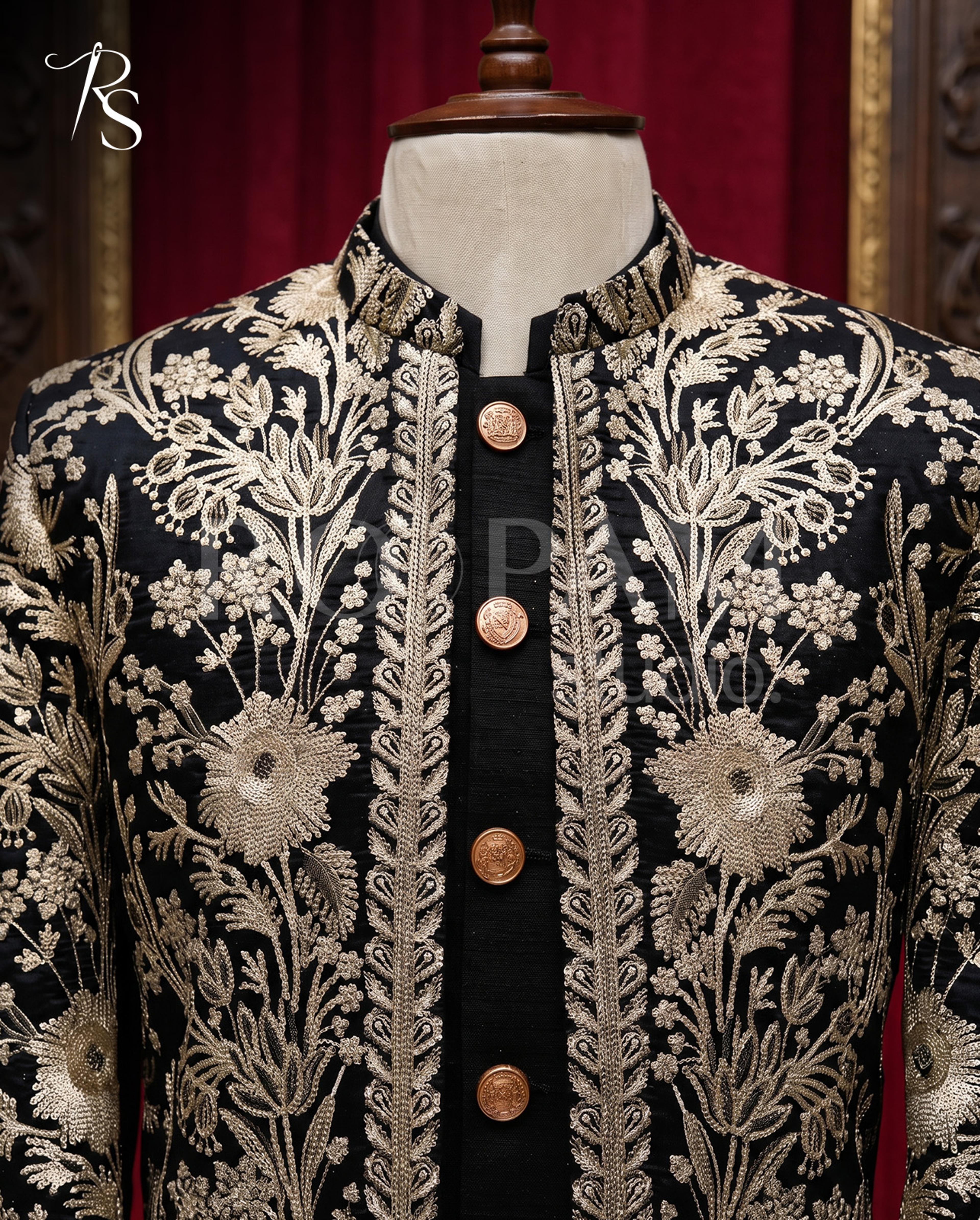Luxury Jet Black & Gold Floral Embroidered Open-Front Short Sherwani (Complete Groom Package) - Thumbnail 4