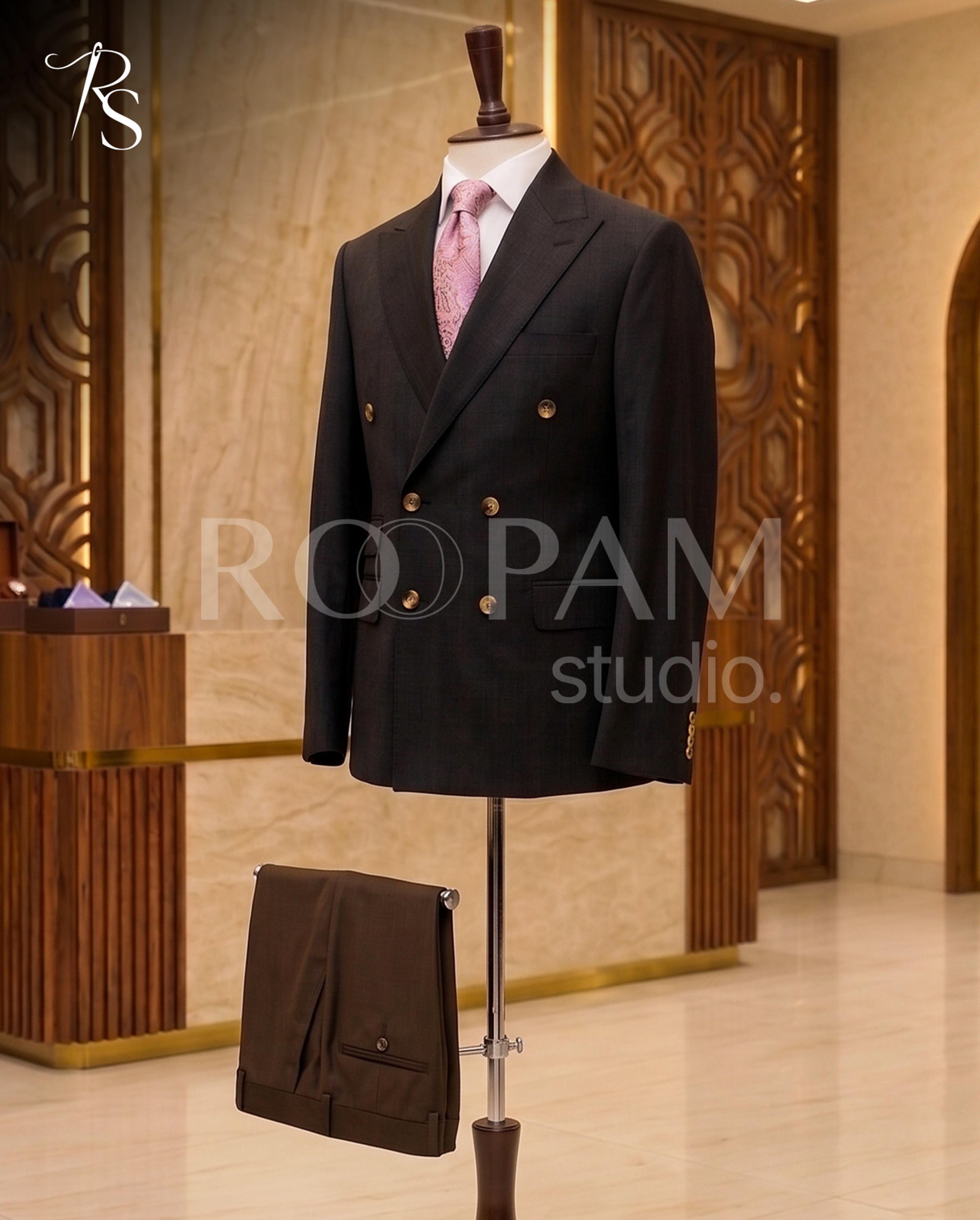 Premium Charcoal Black Pinstripe Double-Breasted Suit with Brown Trousers (2-Piece) - Thumbnail 1