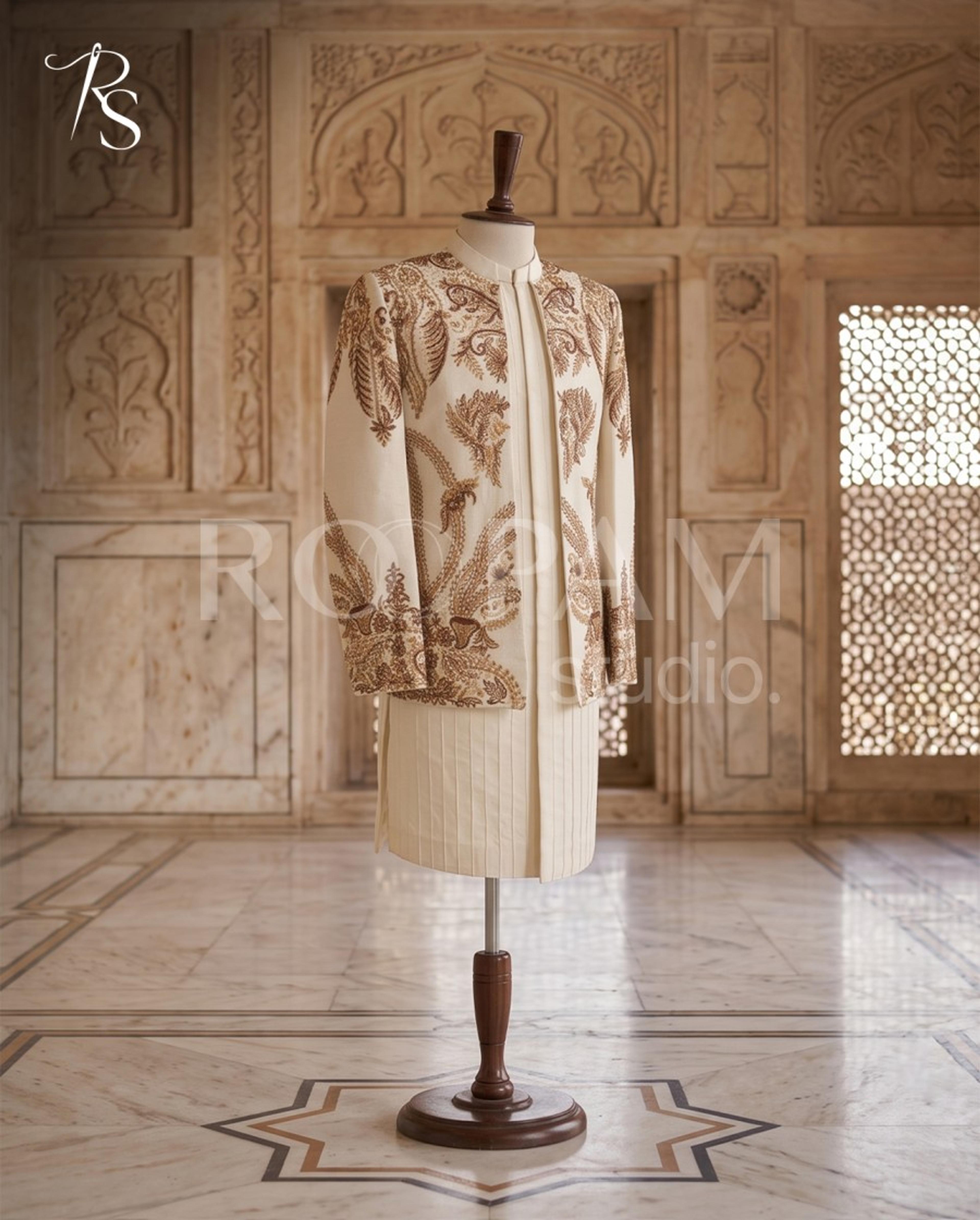 Ivory & Bronze Floral Embroidered Nikkah Prince Coat - Thumbnail 2