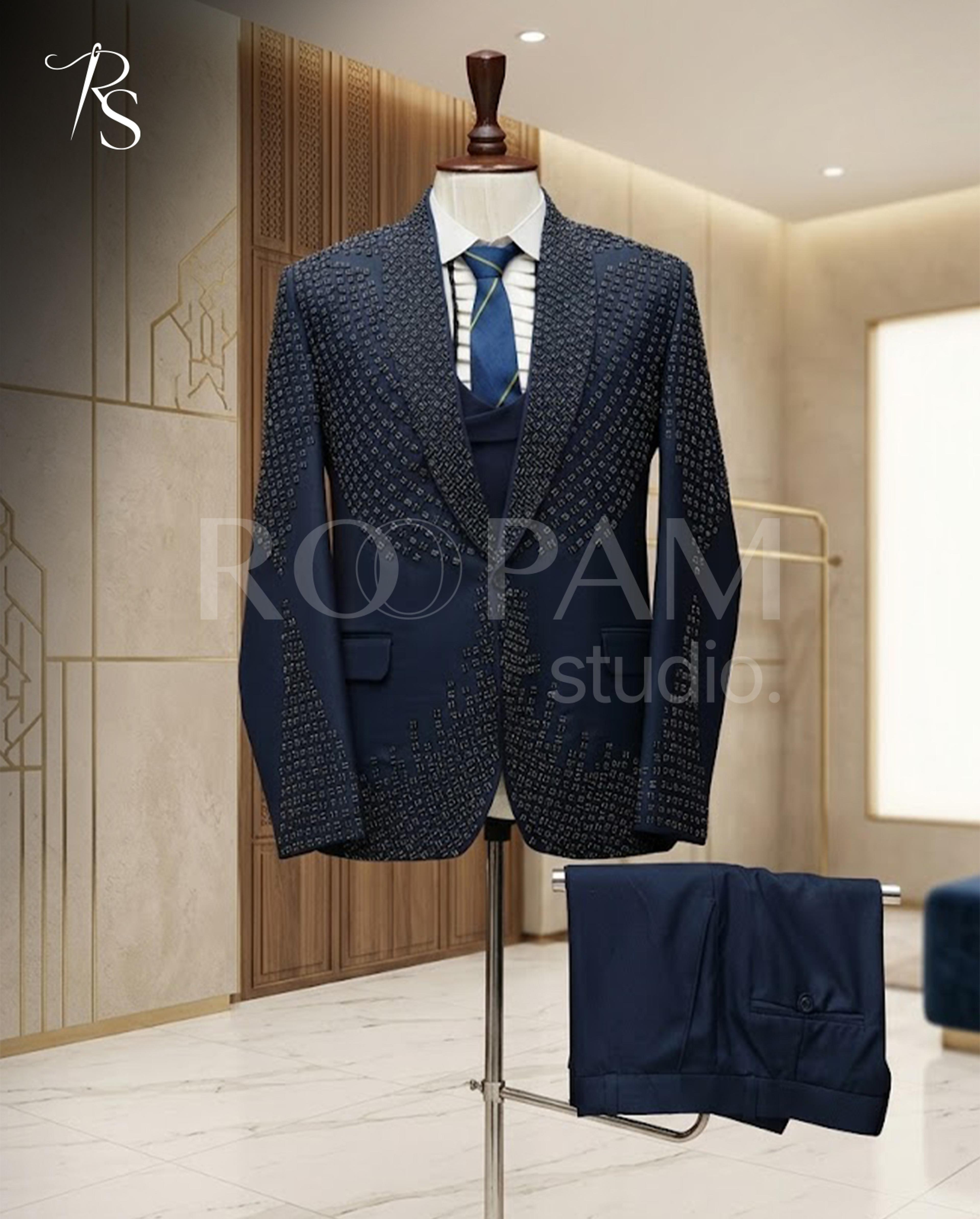 Premium Navy Blue Geometric Embellished Designer 3-Piece Suit 