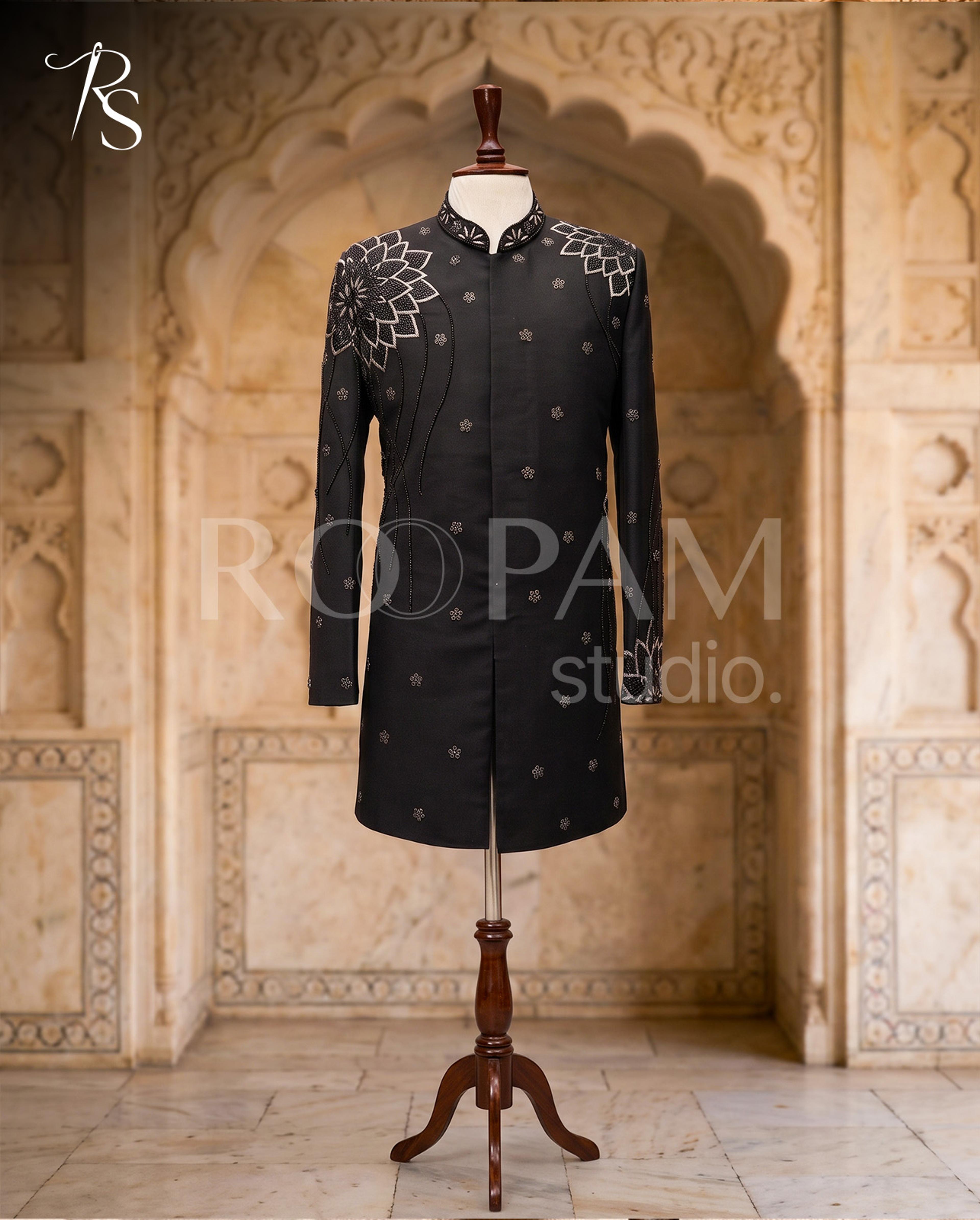 Luxury Jet Black Silver Lotus Embroidered Short Sherwani (Complete Groom Package) - Thumbnail 4