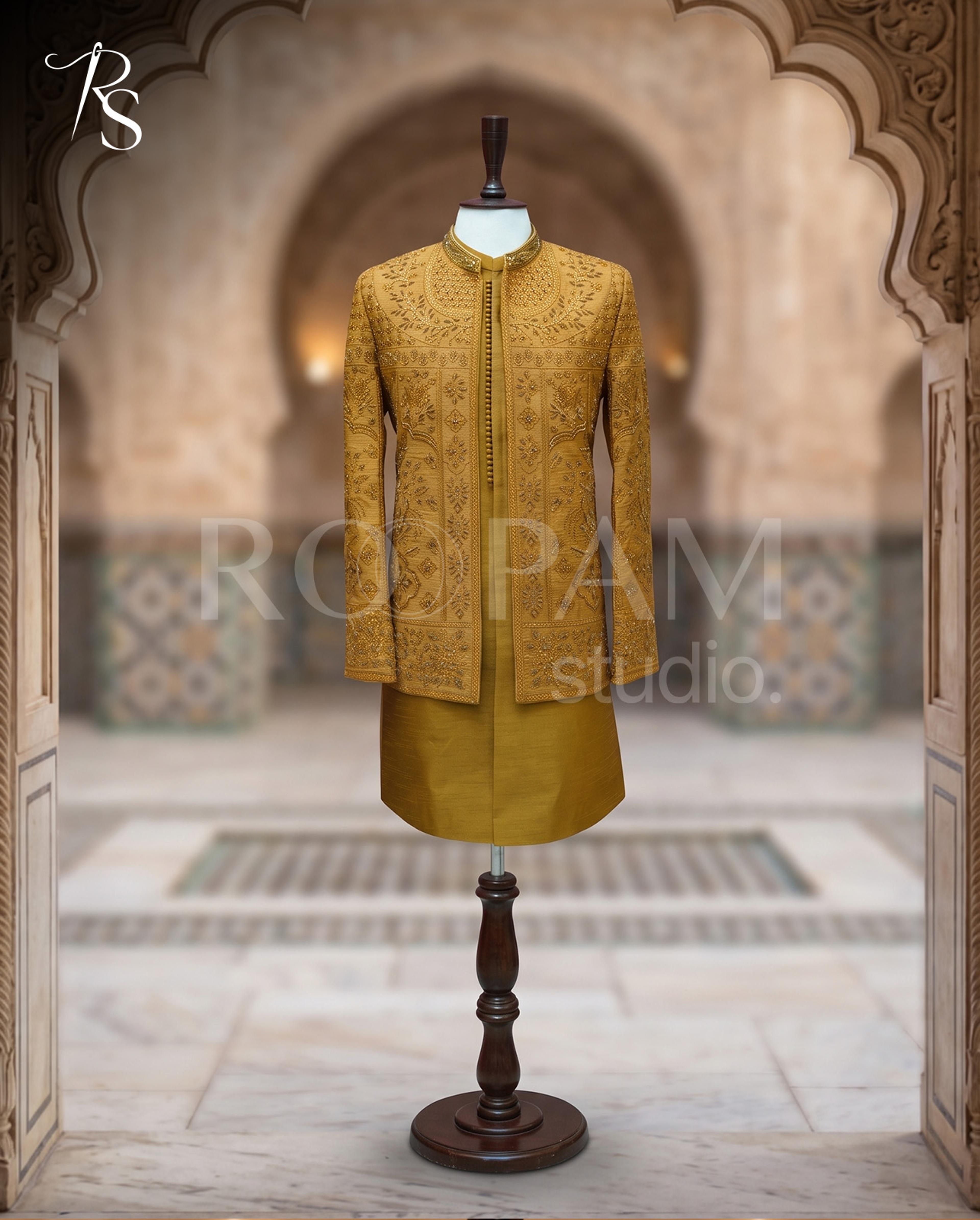 Premium Mustard Gold Heavily Embroidered Open Prince Coat - Thumbnail 3