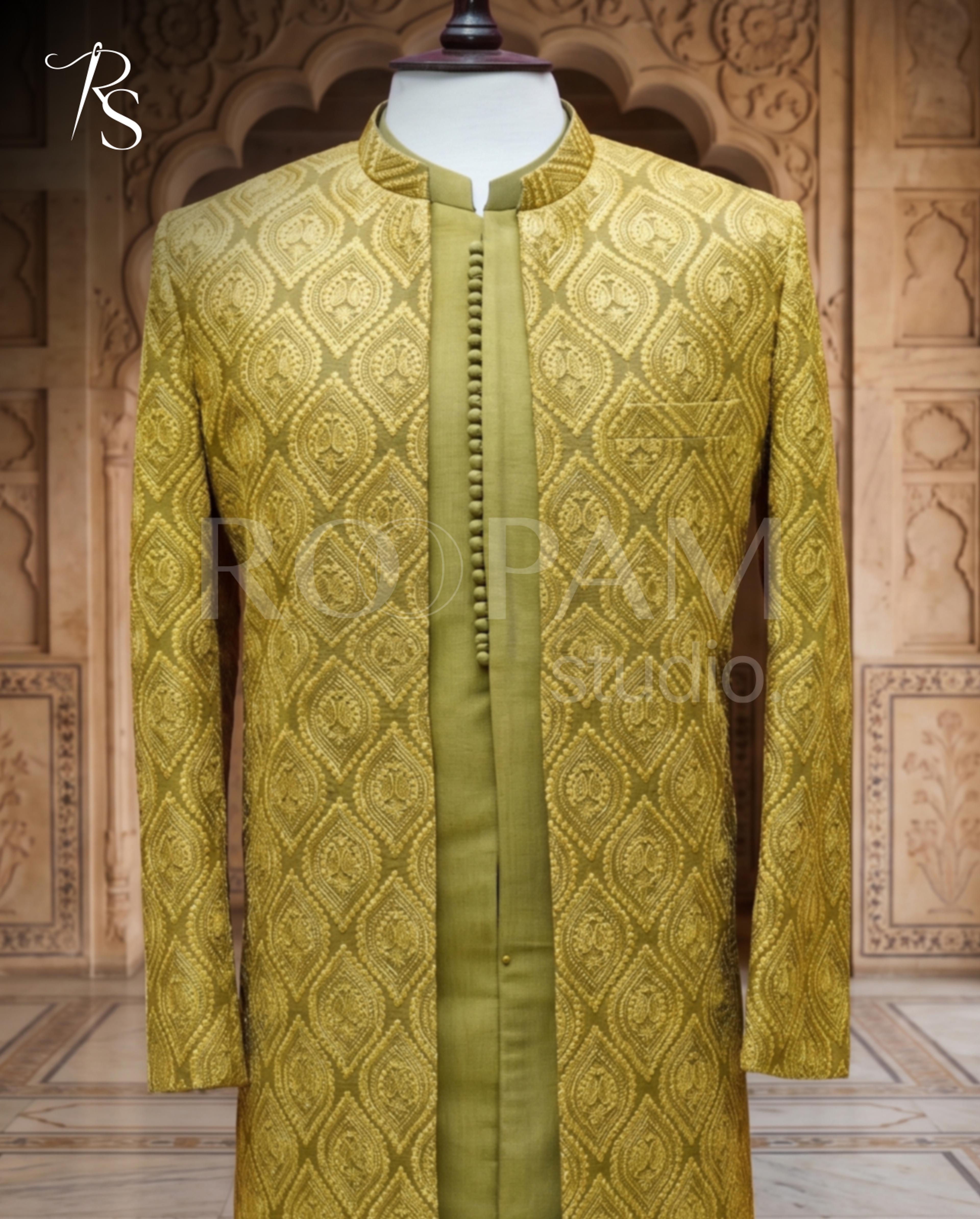 Premium Mustard Yellow Embroidered Sherwani - Thumbnail 2