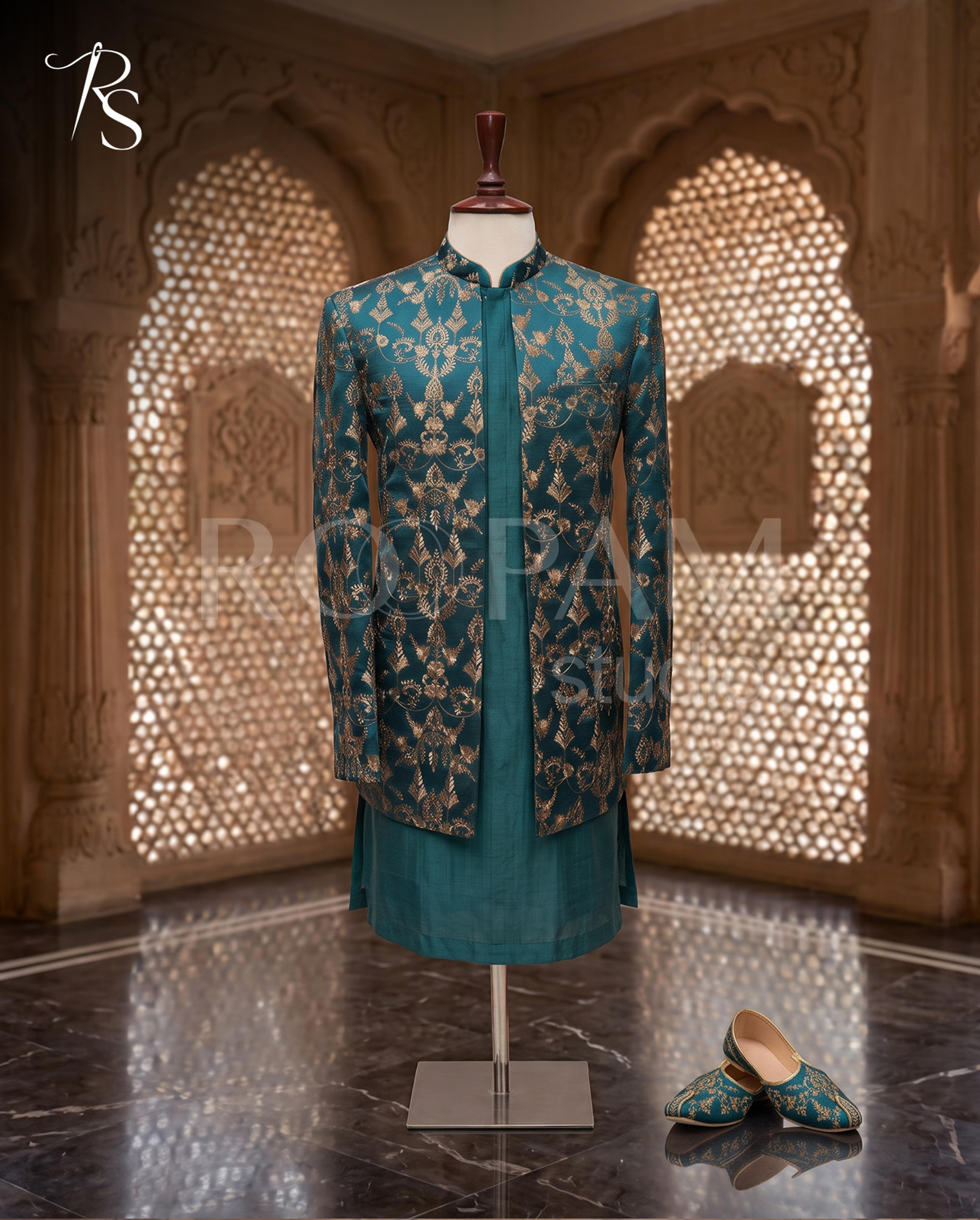 Roopam Studio Teal Green Embroidered Sherwani Set