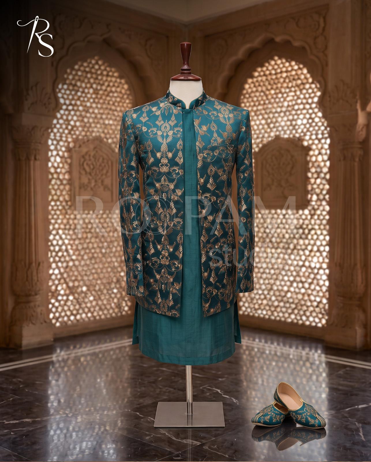 Roopam Studio Teal Green Embroidered Sherwani Set - Image 1