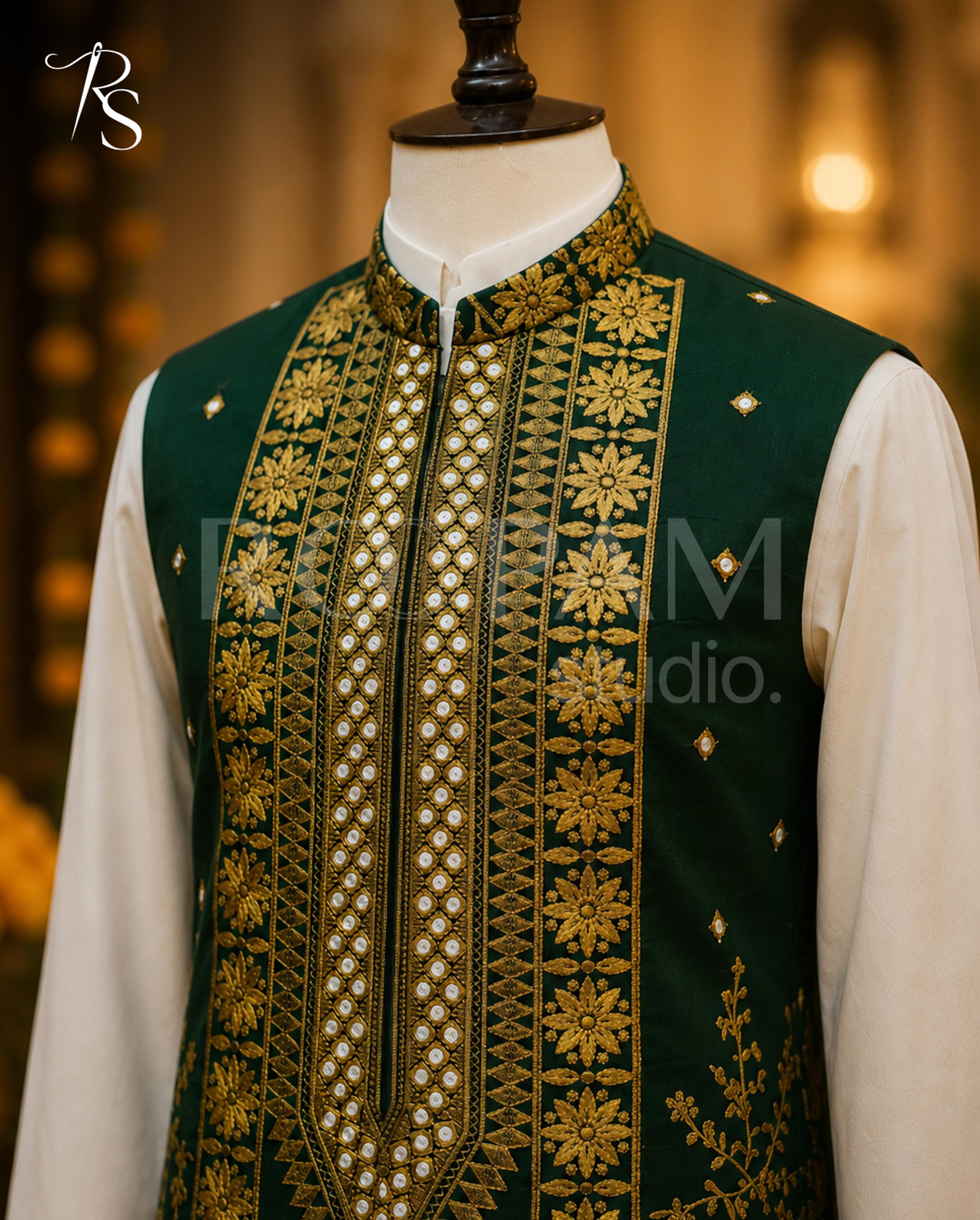 Premium Emerald Green Embroidered Waistcoat - Thumbnail 2