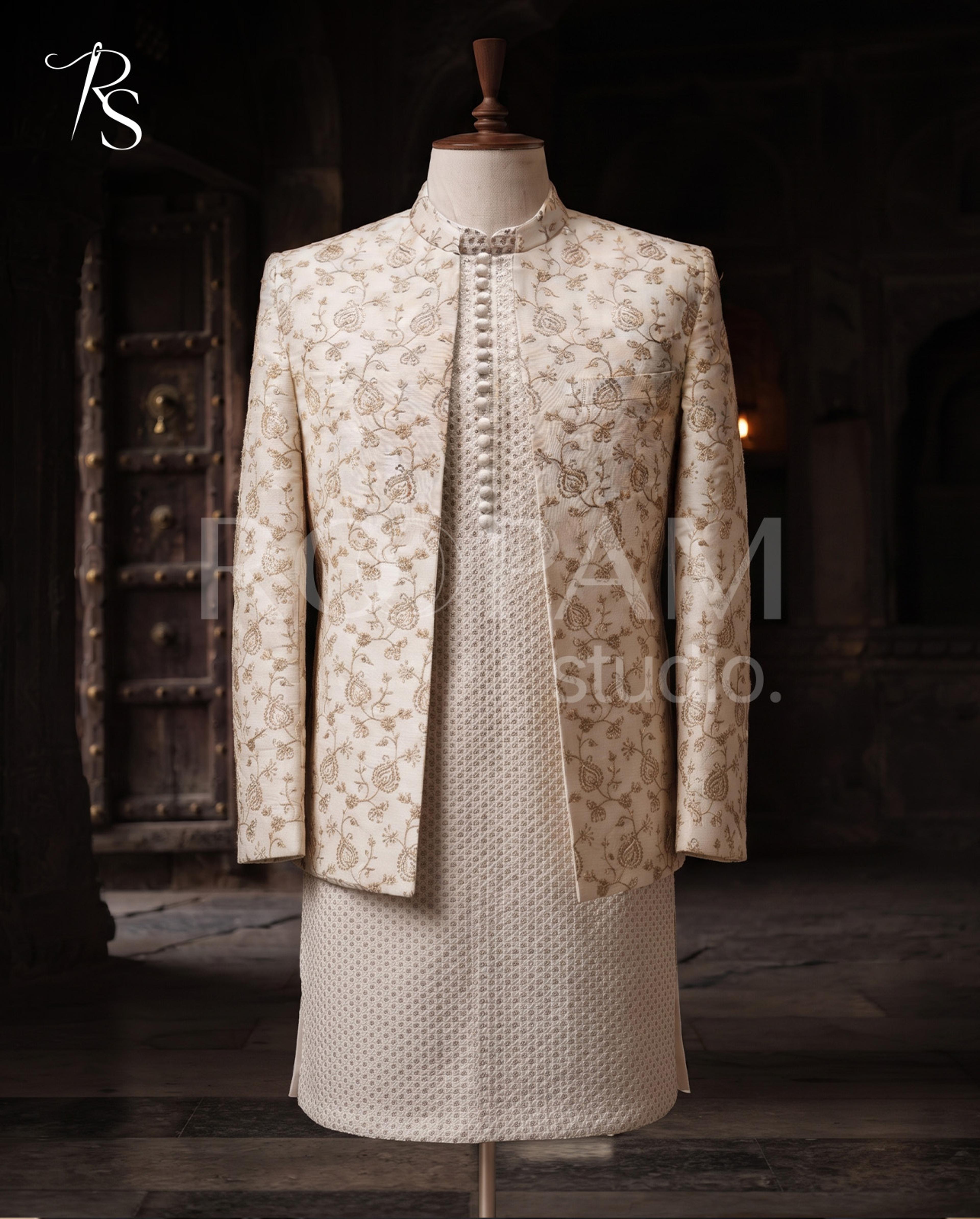 Luxury Cream Paisley Floral Embroidered Prince Coat with Textured Kurta Suit (3-Piece) - Thumbnail 2