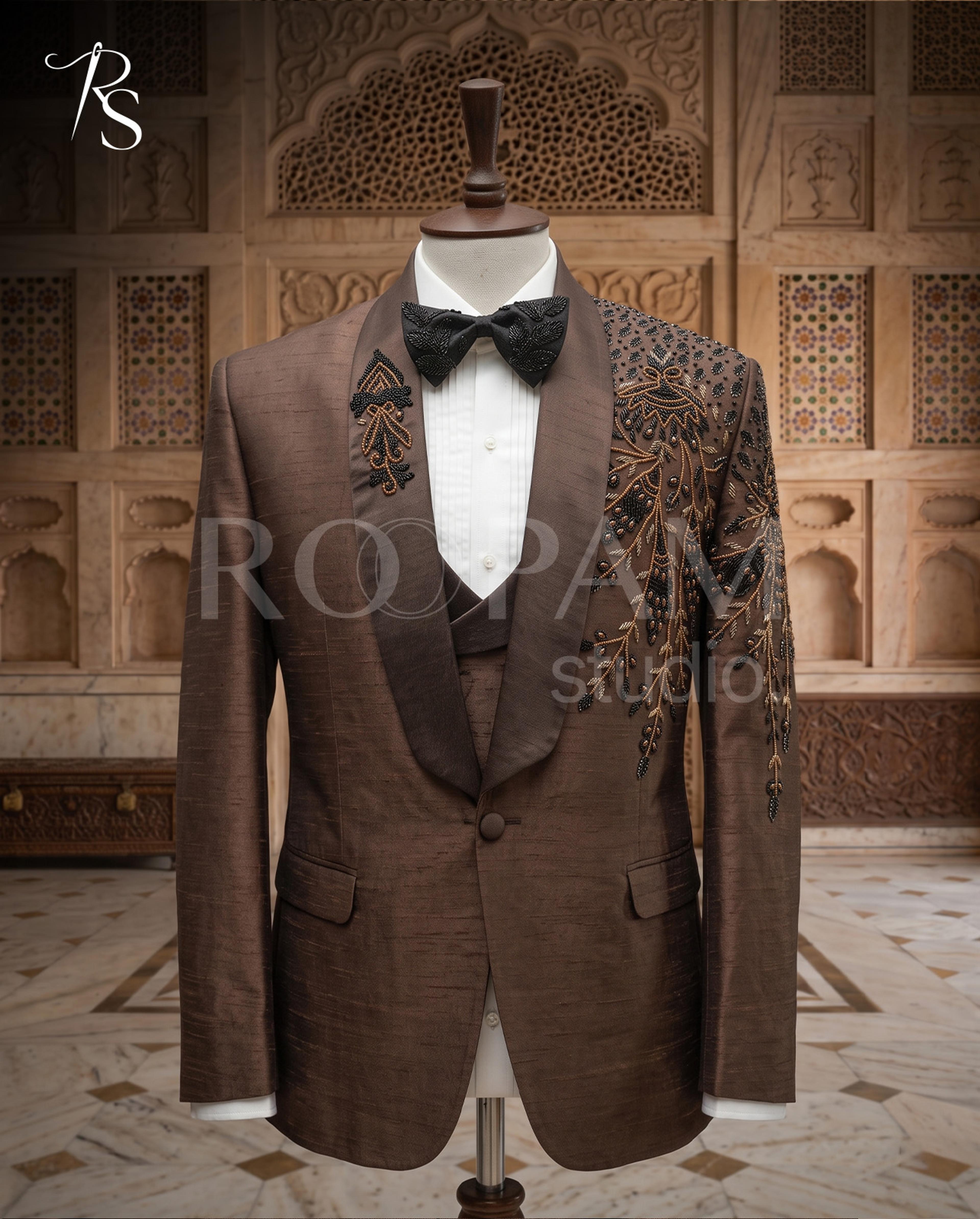 Luxury Brown Asymmetrical Floral Vine Hand-Embroidered 3-Piece Tuxedo - Thumbnail 4