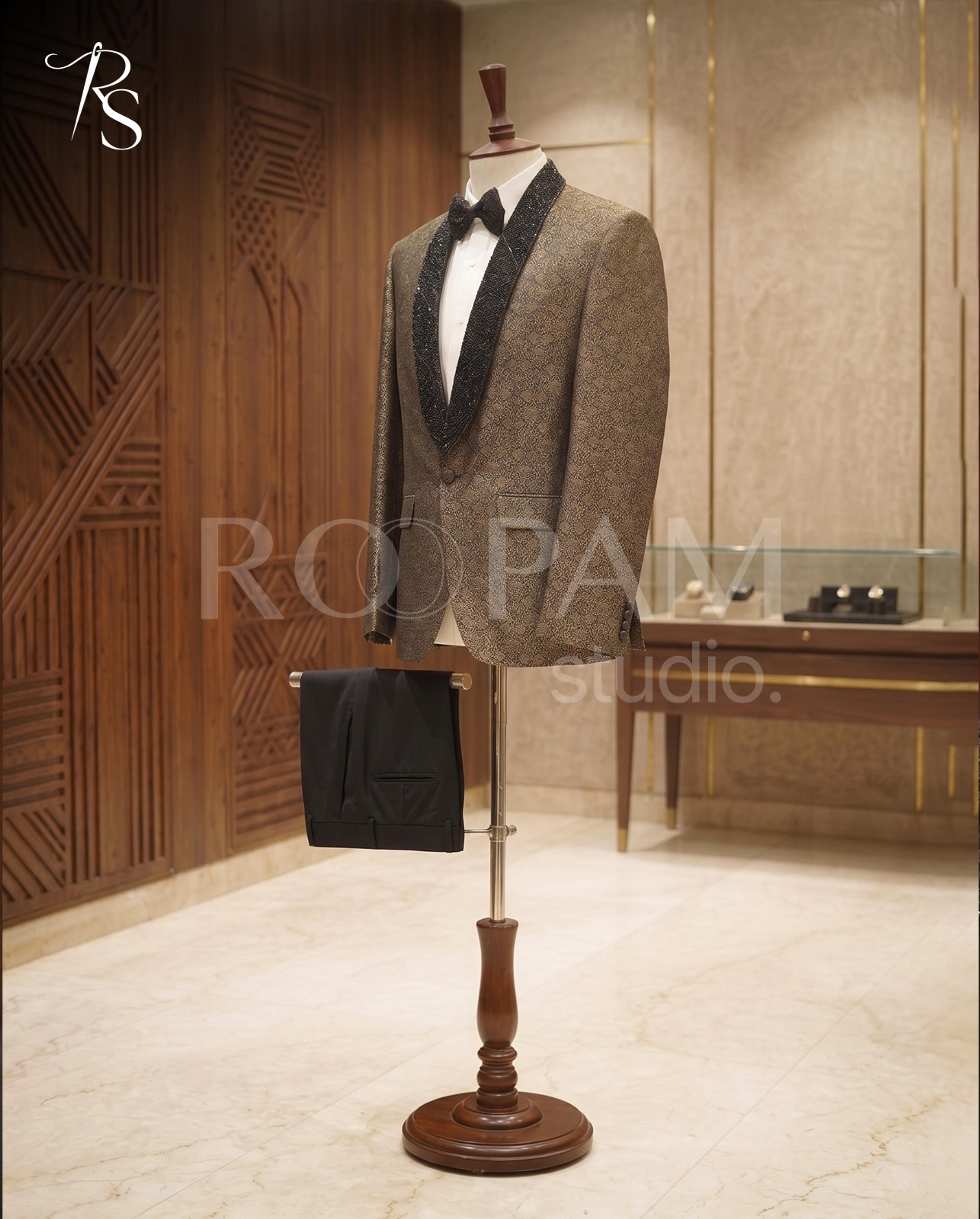 Premium Gold Jacquard Tuxedo with Beaded Lapel - Thumbnail 2