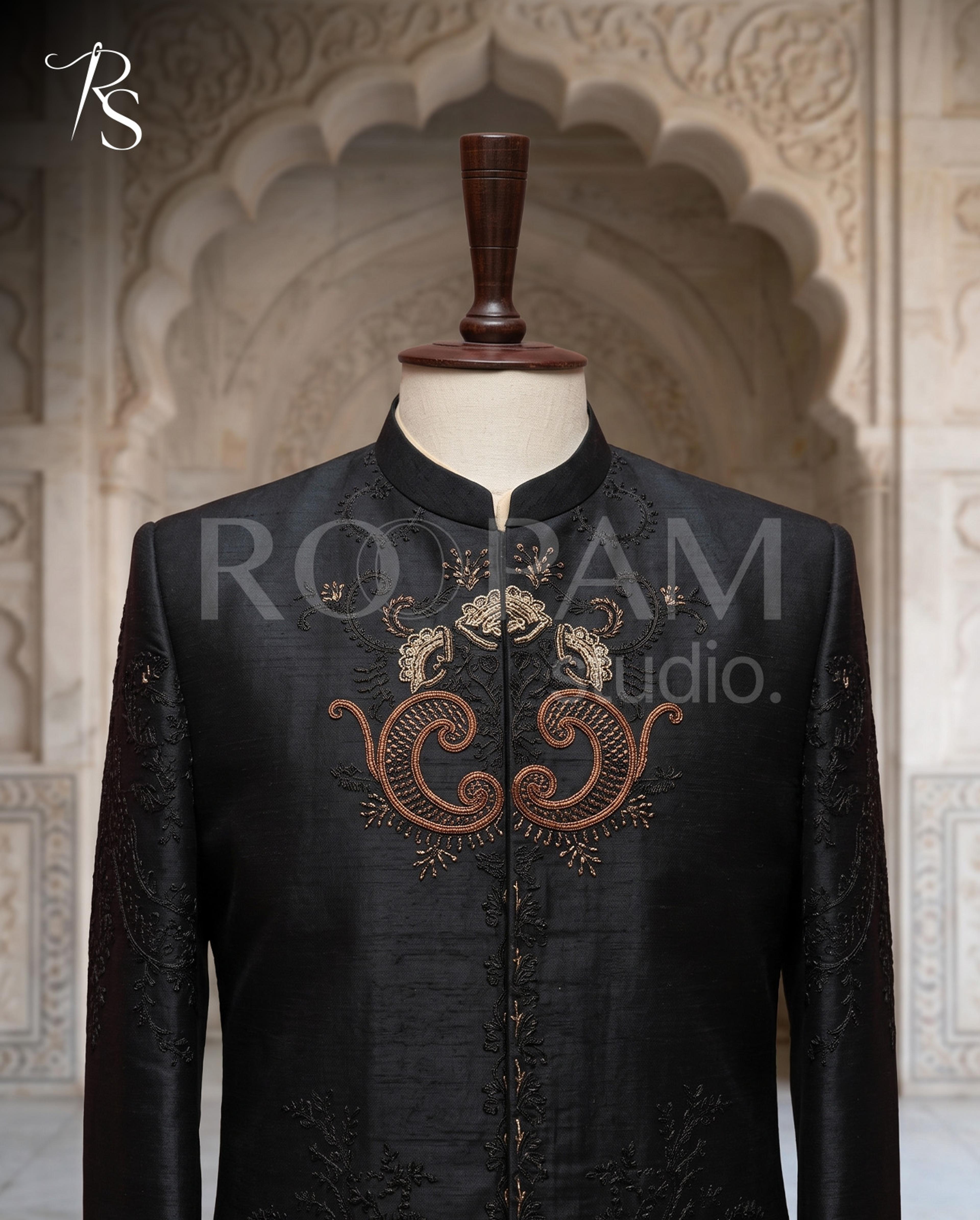 Premium Midnight Black "Signature Motif" Prince Coat - Thumbnail 3