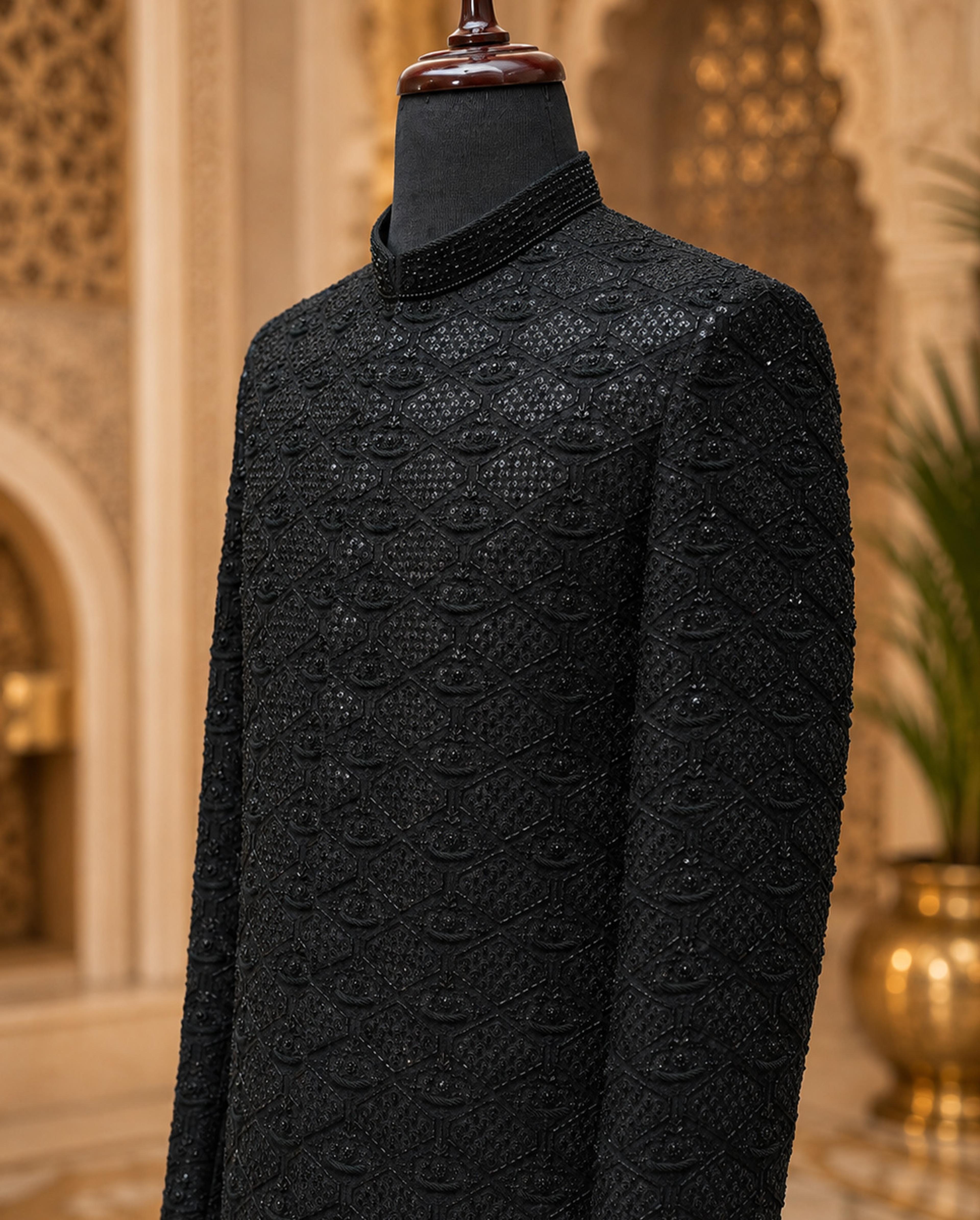 Premium All-Black Embroidered Sherwani - Thumbnail 2