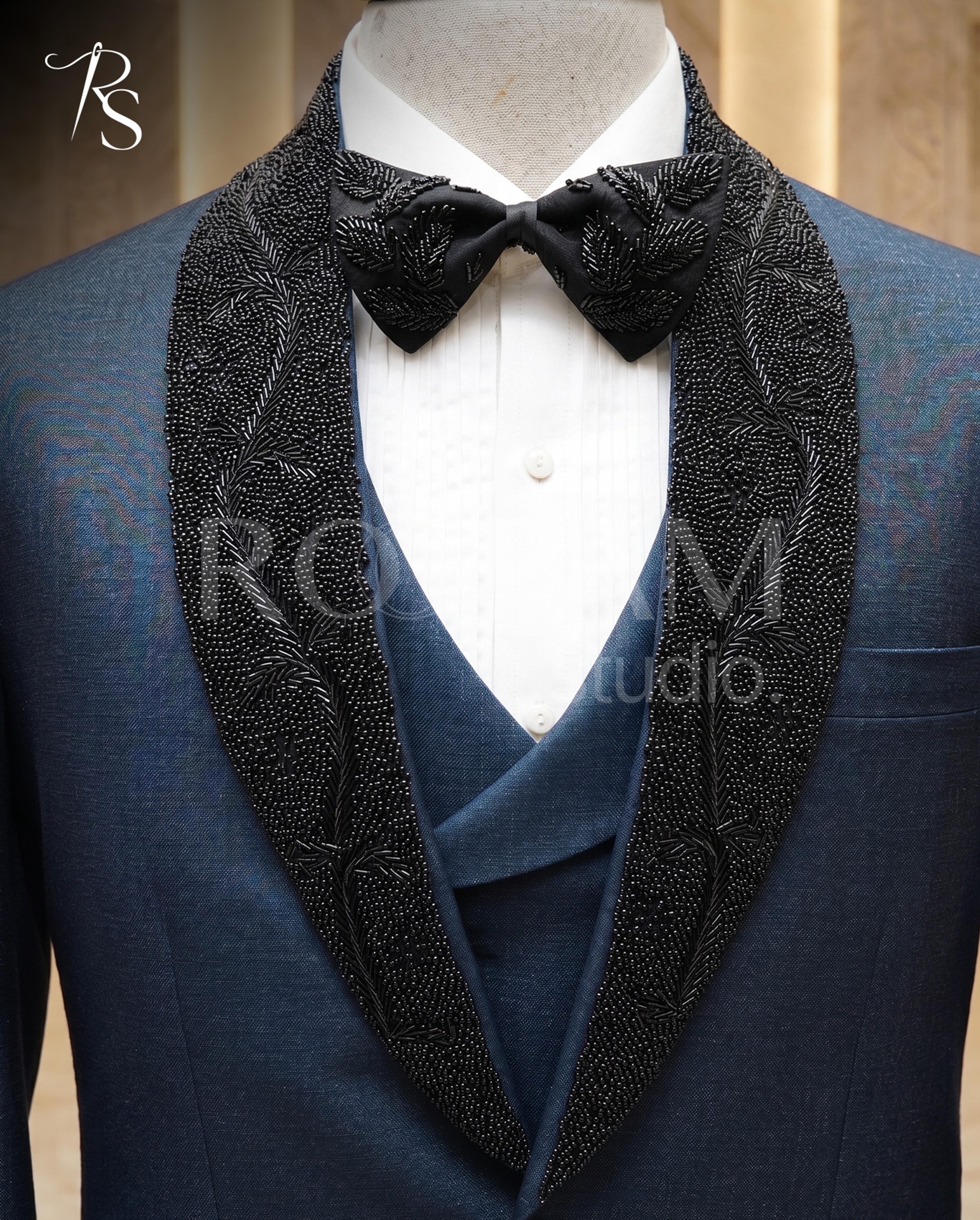 Navy Blue Tuxedo with Custom Black Beaded Lapel & Bow Tie - Thumbnail 4