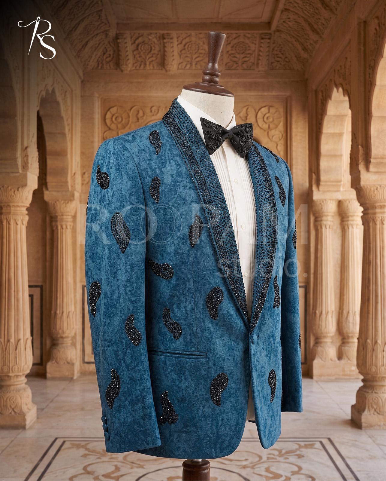 Designer Blue Hand-Work Tuxedo Pant Coat - Image 1