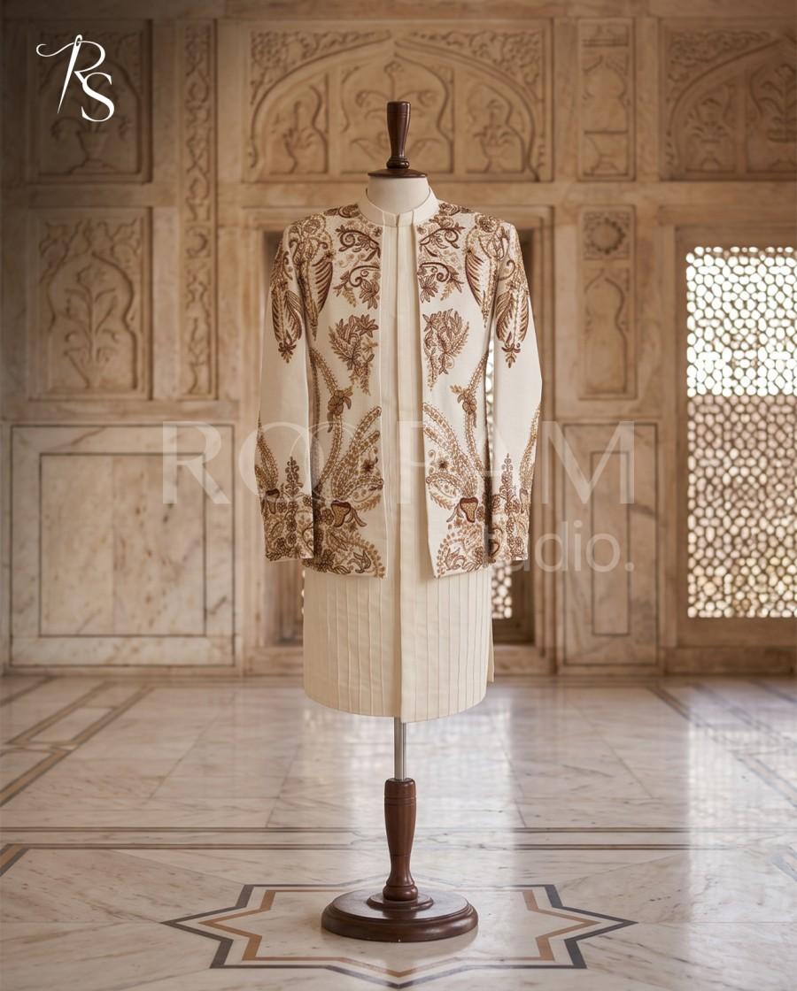Ivory & Bronze Floral Embroidered Nikkah Prince Coat - Image 1