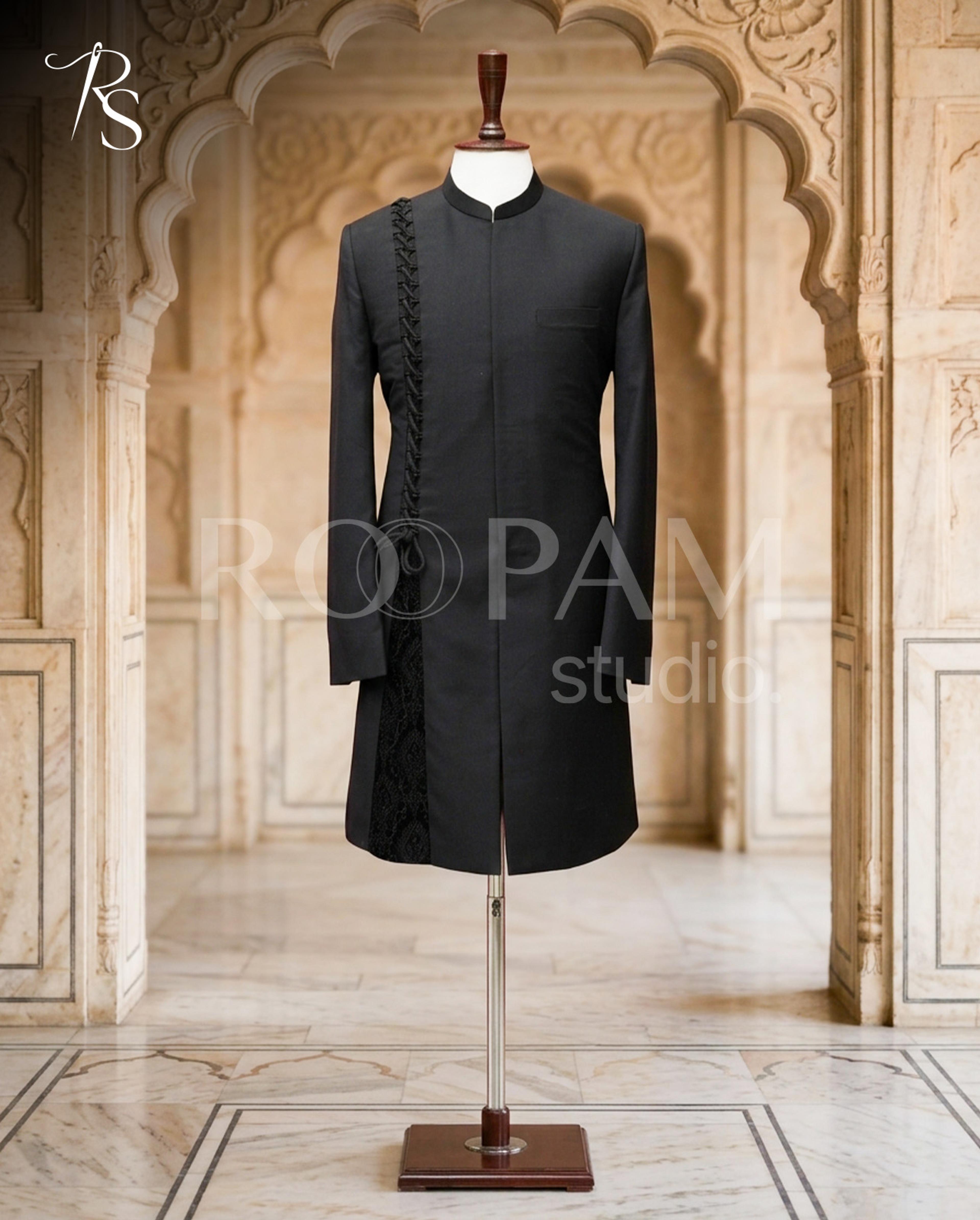 Luxury Jet Black Braided-Accent Designer Sherwani - Thumbnail 4