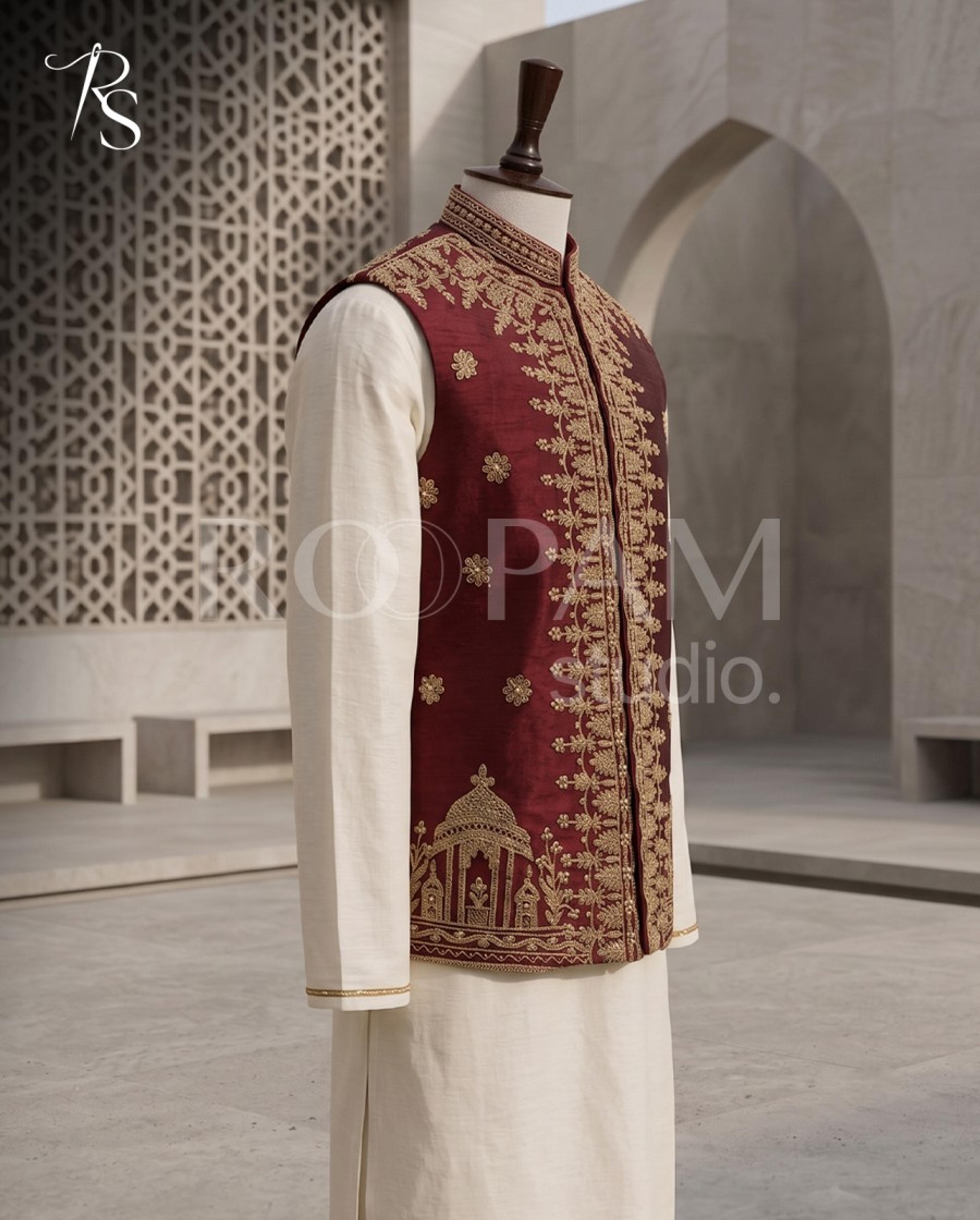 Royal Maroon & Gold Embroidered Waistcoat - Thumbnail 3