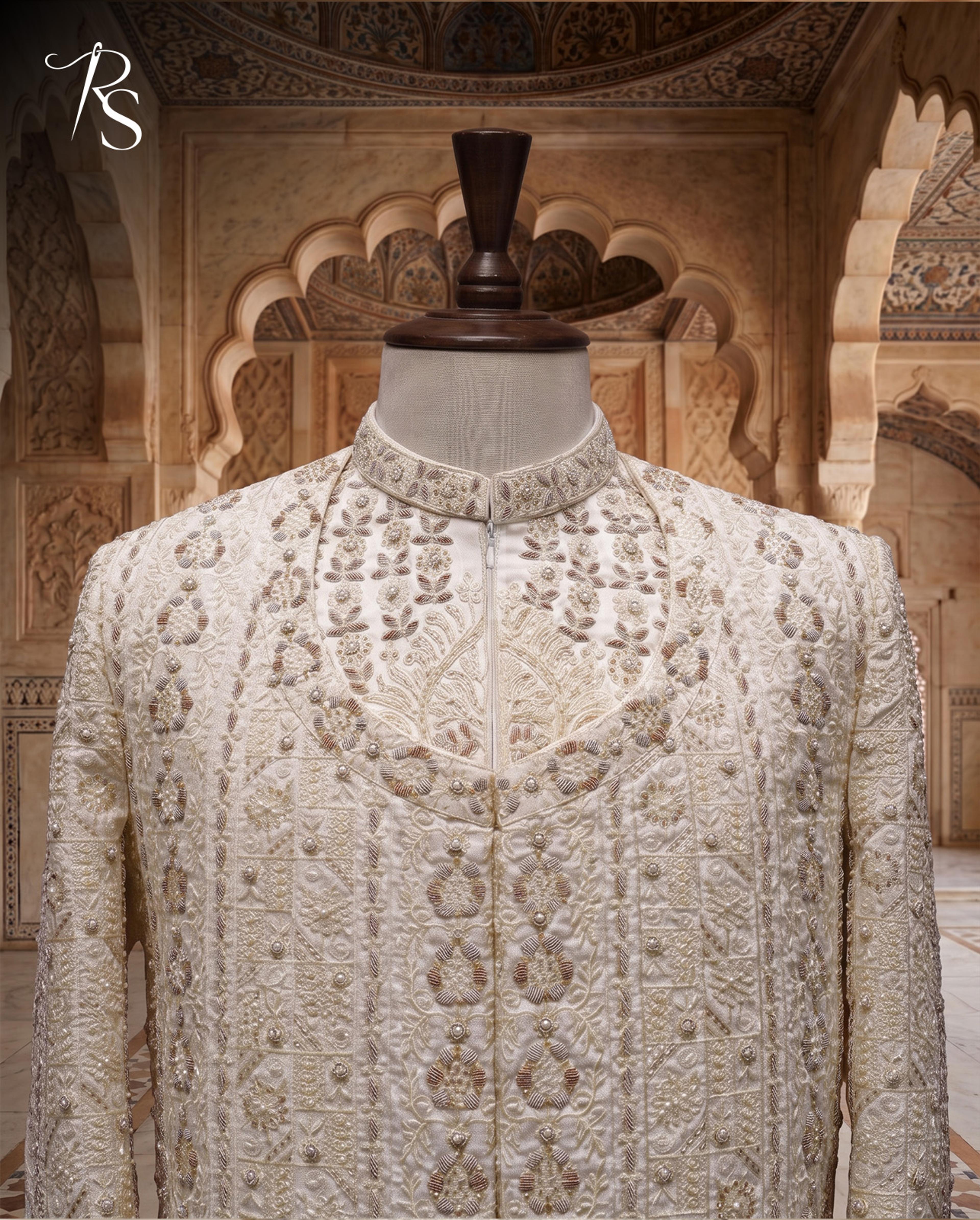 Roopam Studio Premium Cream Embellished Sherwani Set - Thumbnail 2