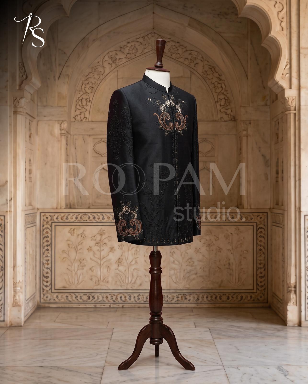 Premium Midnight Black "Signature Motif" Prince Coat - Image 1