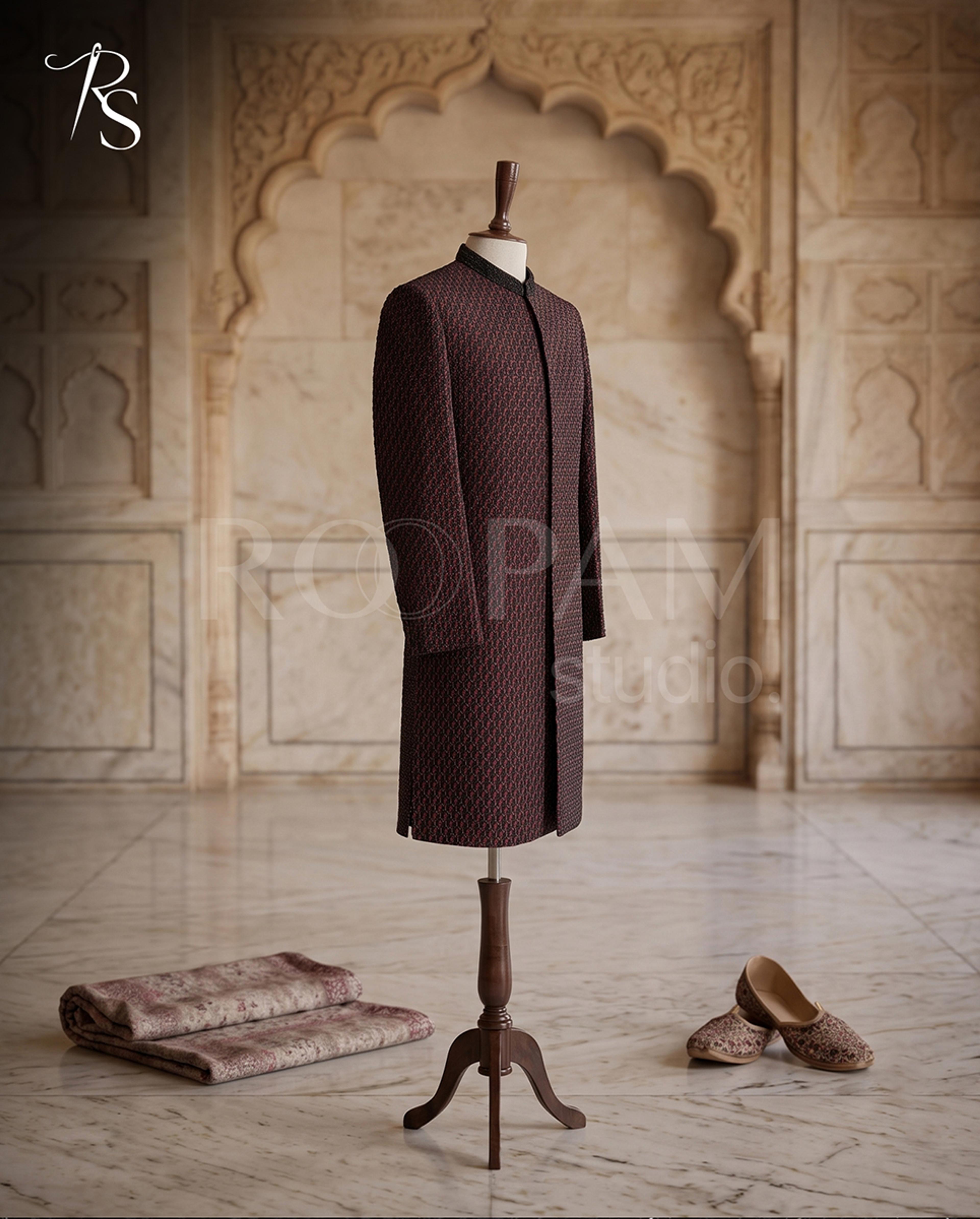 Majestic Deep Burgundy Leaf Motif Heavily Beaded Luxury Sherwani