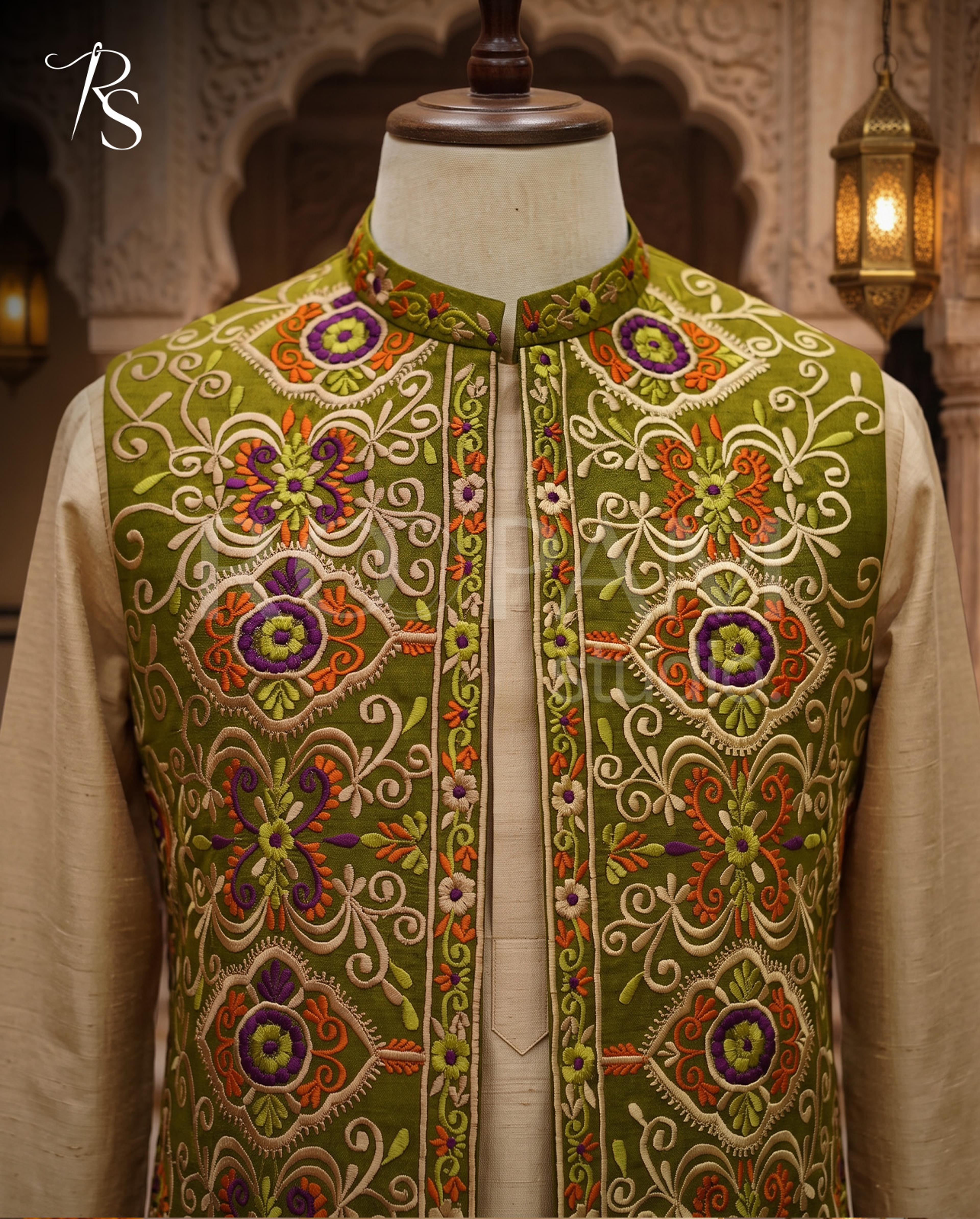 Roopam Studio Luxury Olive Green Embroidered Waistcoat - Thumbnail 3