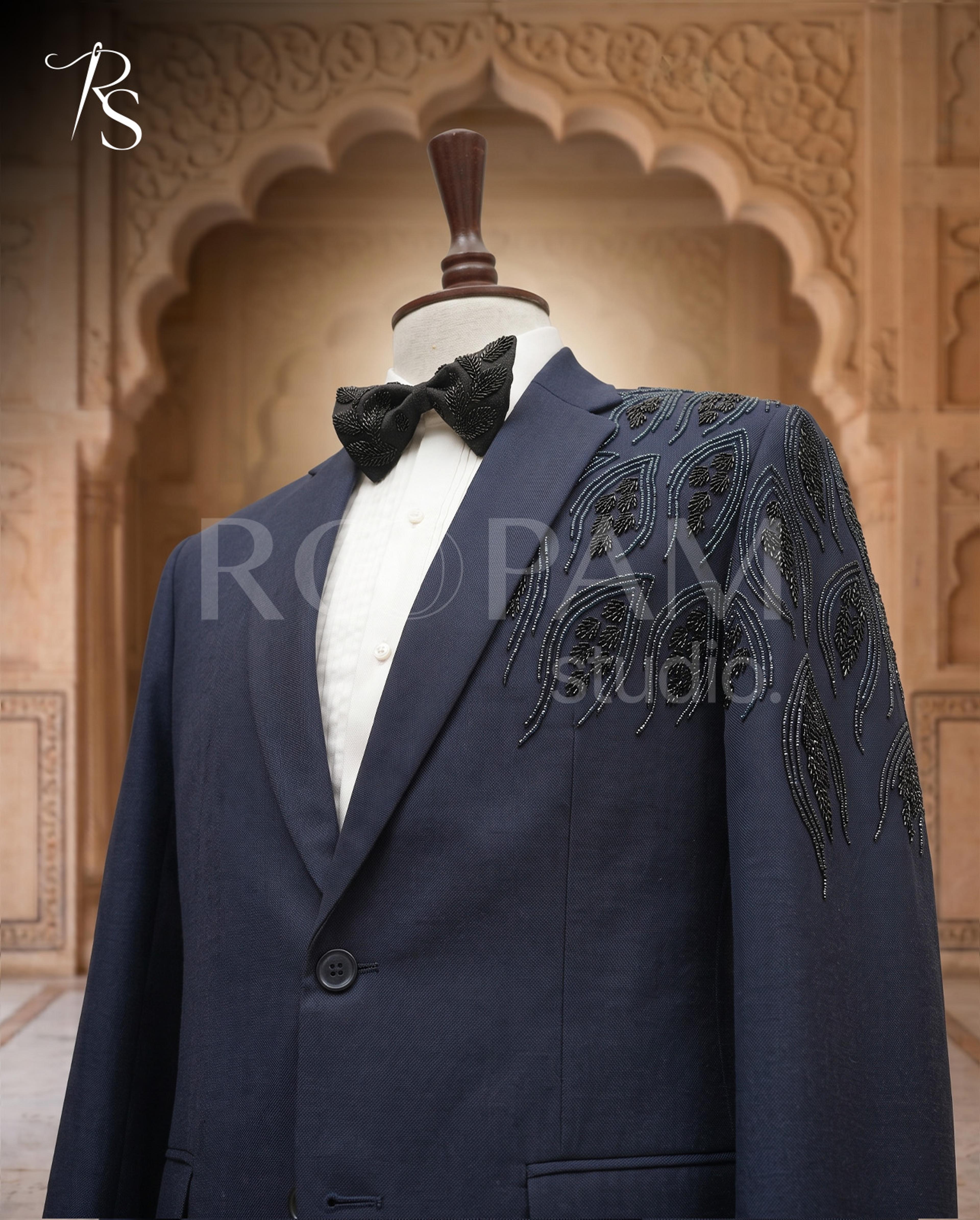 Luxury Navy Blue Asymmetrical "Leaf Motif" Beaded Pant Coat - Thumbnail 2