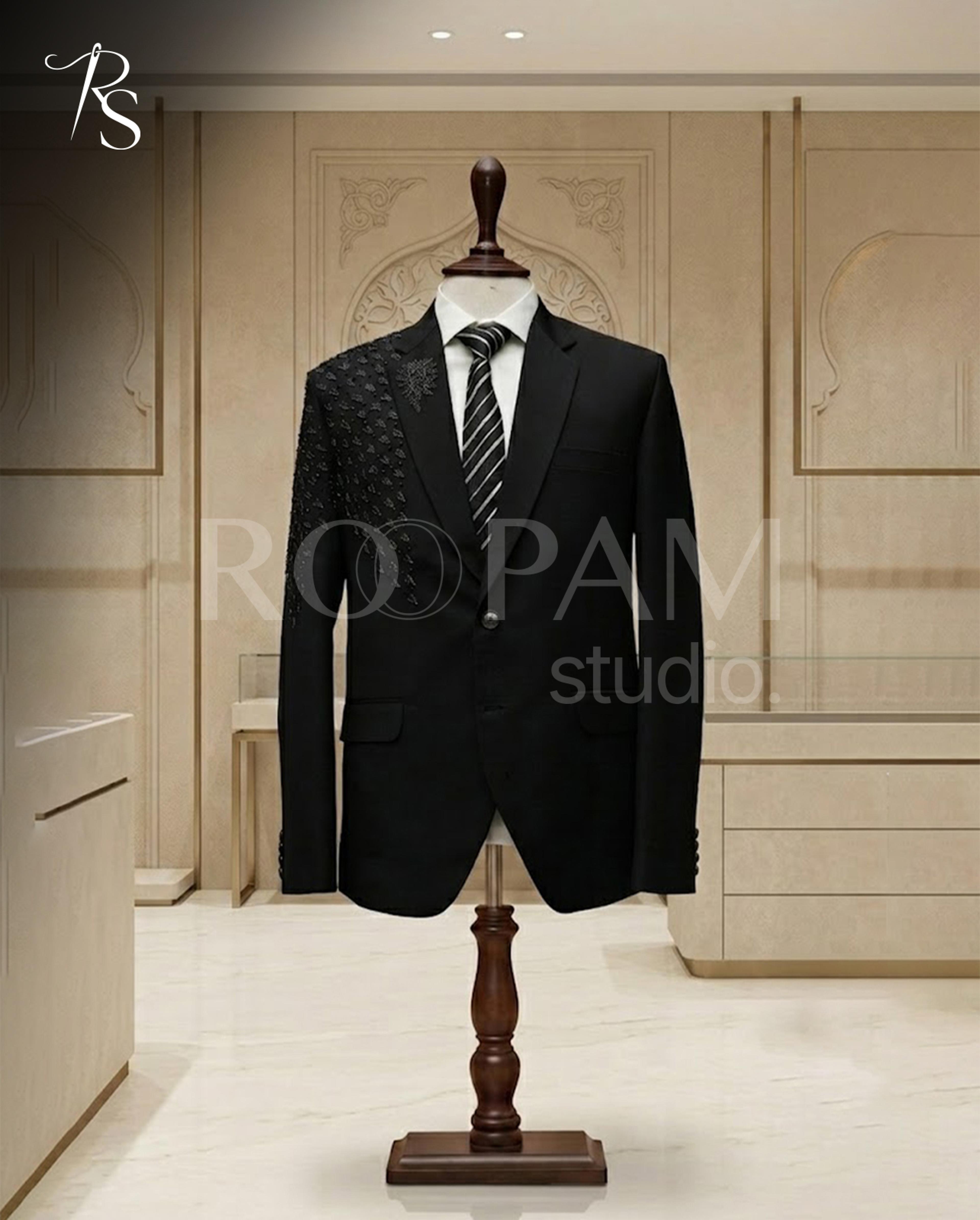 Premium Black Hand-Embellished Designer Suit (2-Piece) | Groom & Walima Wear - Thumbnail 3