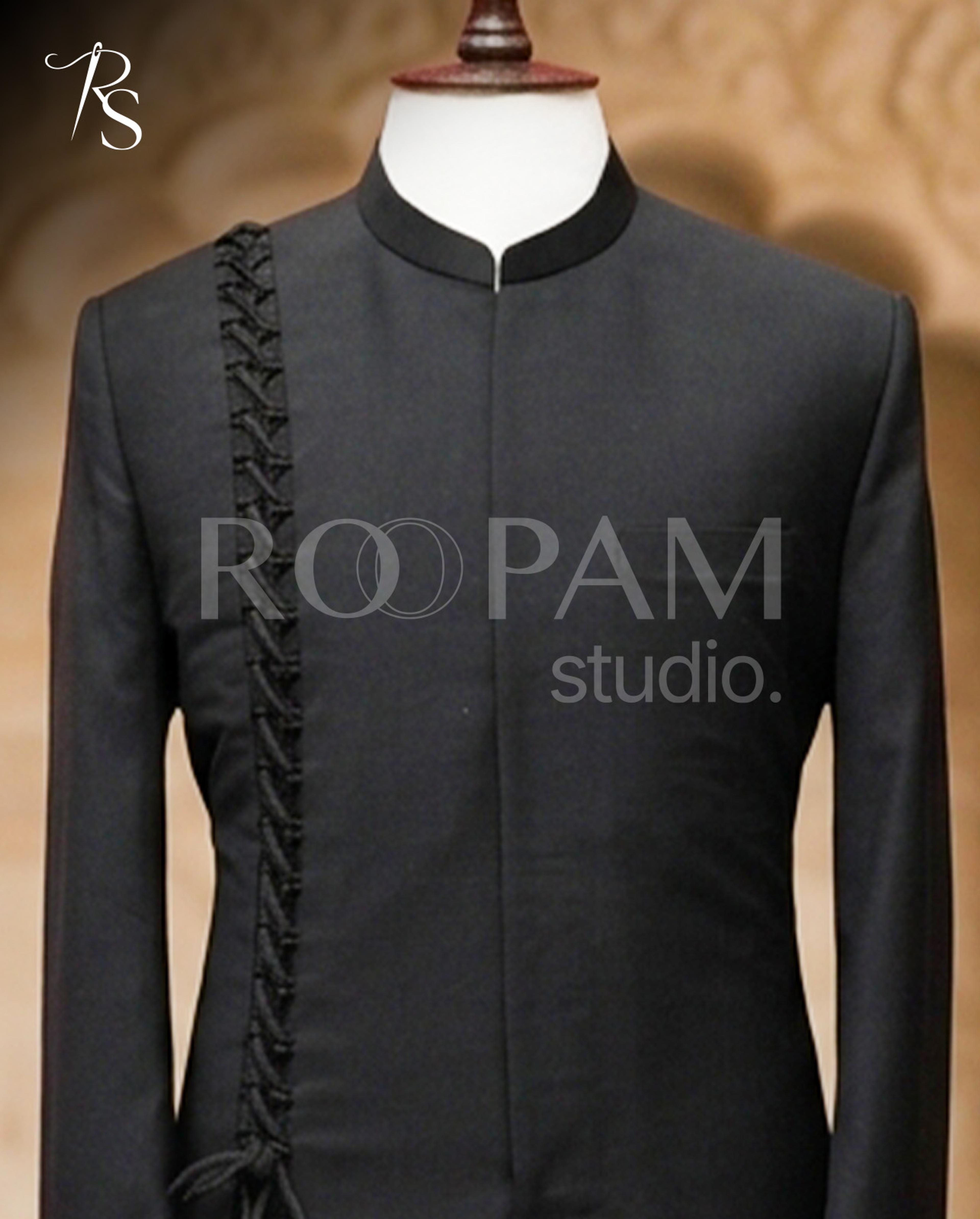 Luxury Jet Black Braided-Accent Designer Sherwani - Thumbnail 3