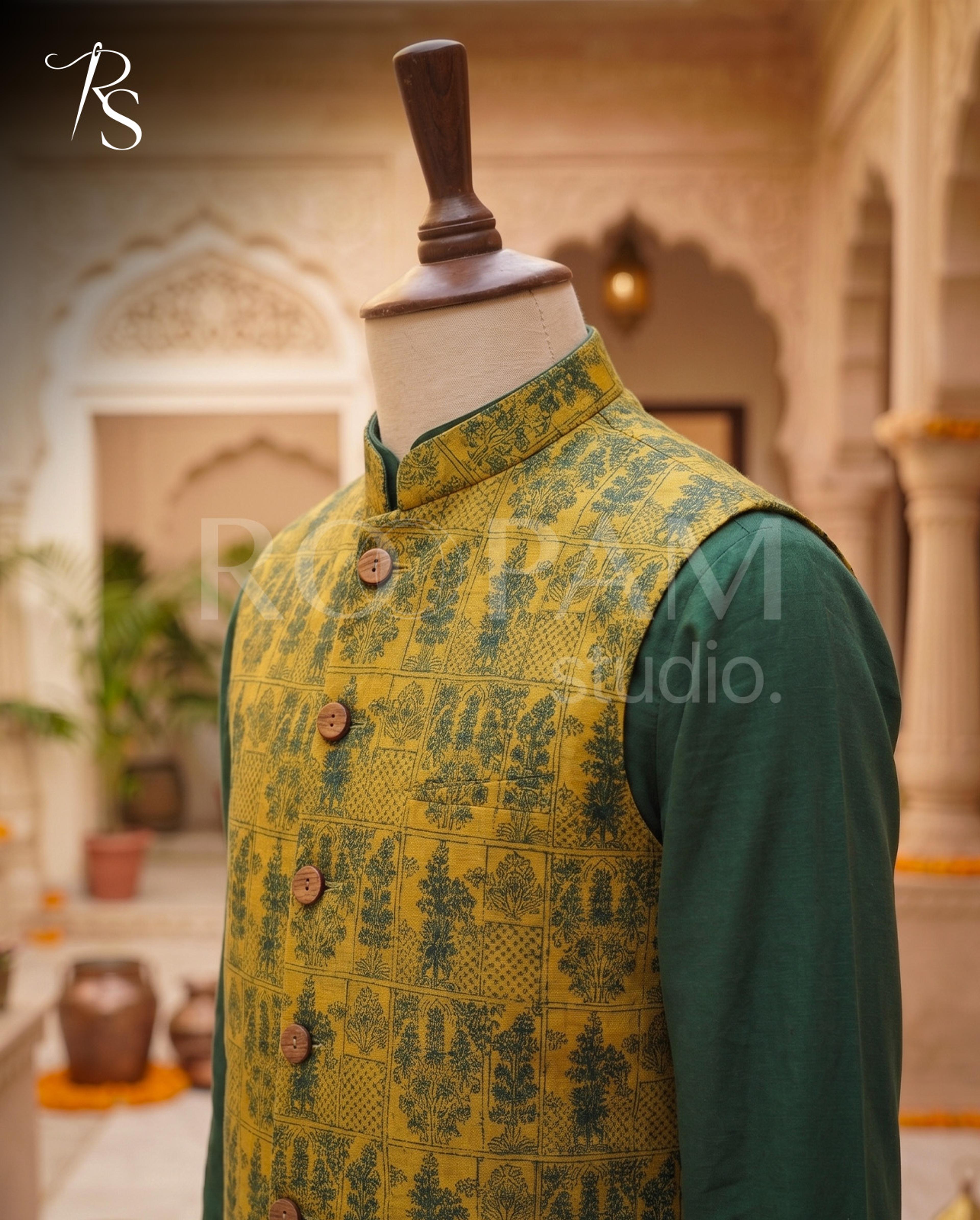 Roopam Studio Printed Yellow Luxury Waistcoat