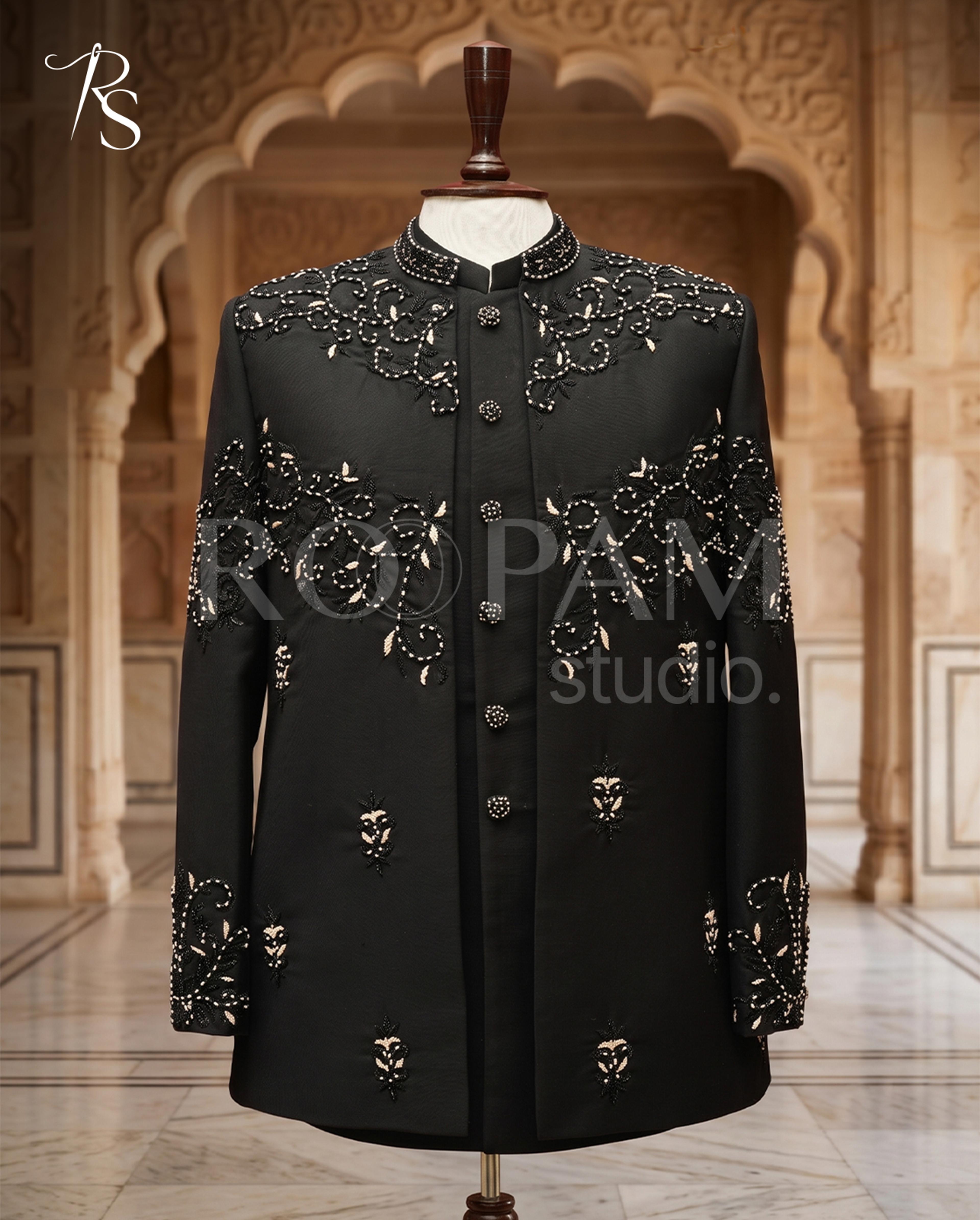 Premium Black Beaded Embellished Groom Prince Coat - Thumbnail 3