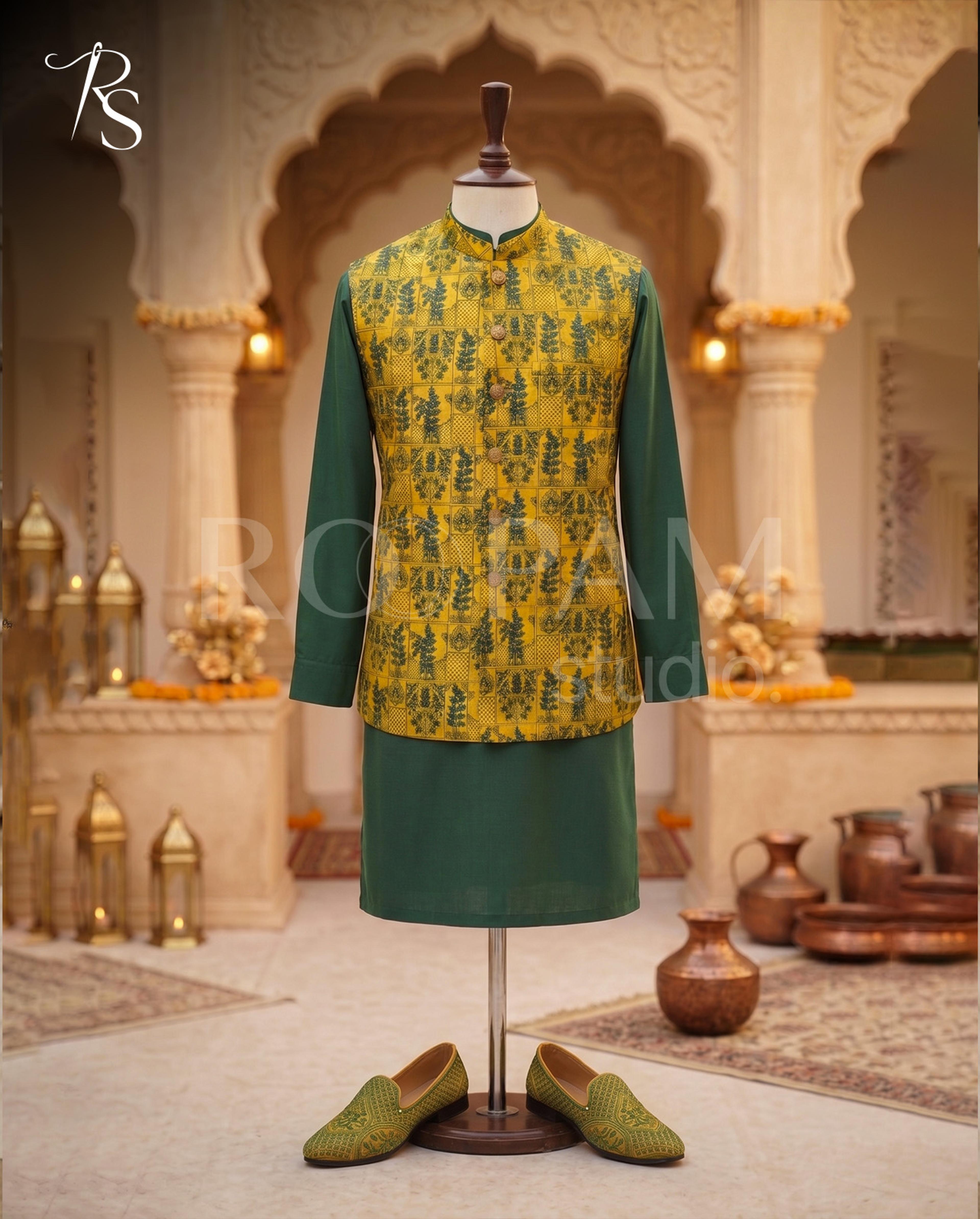 Roopam Studio Printed Yellow Luxury Waistcoat - Thumbnail 3