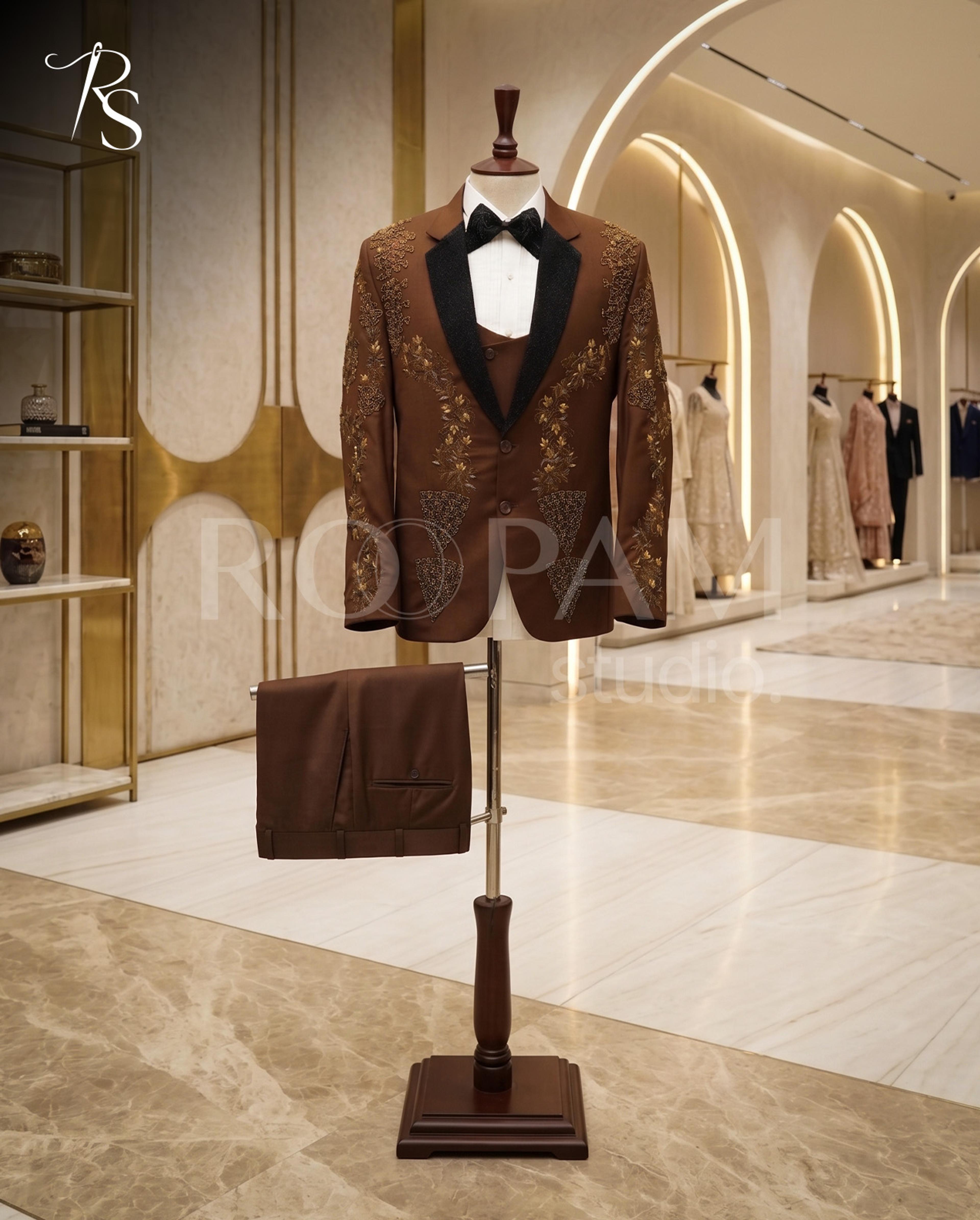 Roopam Studio Royal Embellished Brown 3-Piece Tuxedo - Thumbnail 2