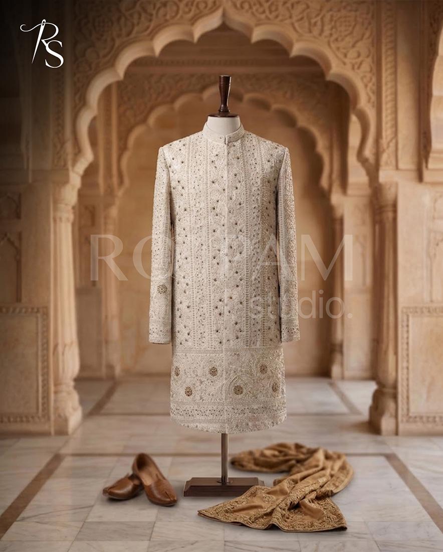 Imperial Ivory Hand-Embroidered Bandhgala Sherwani with Pearl and Sequin Accents - Image 1