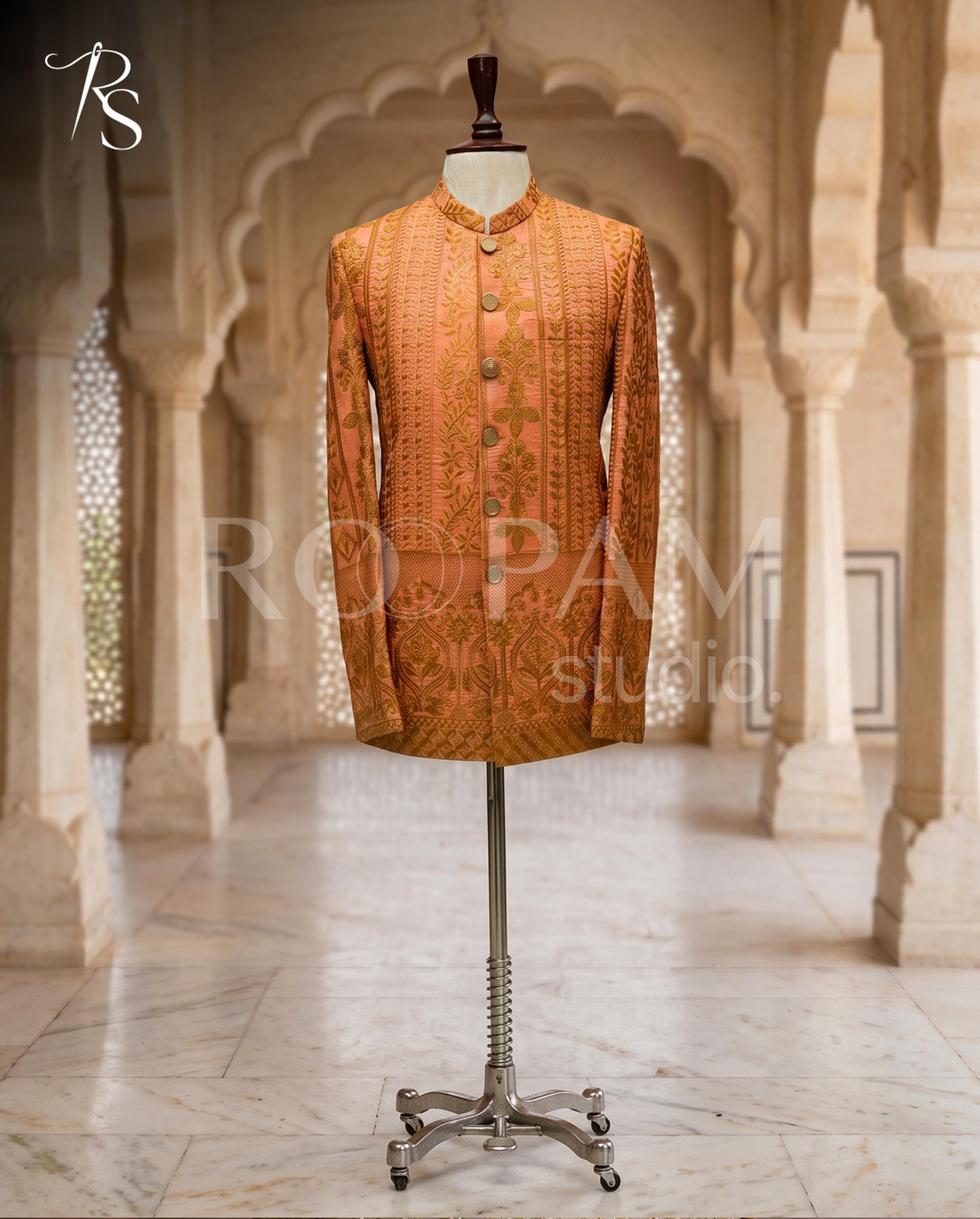 Luxury Rose Gold Floral Embroidered Prince Coat - Thumbnail 4
