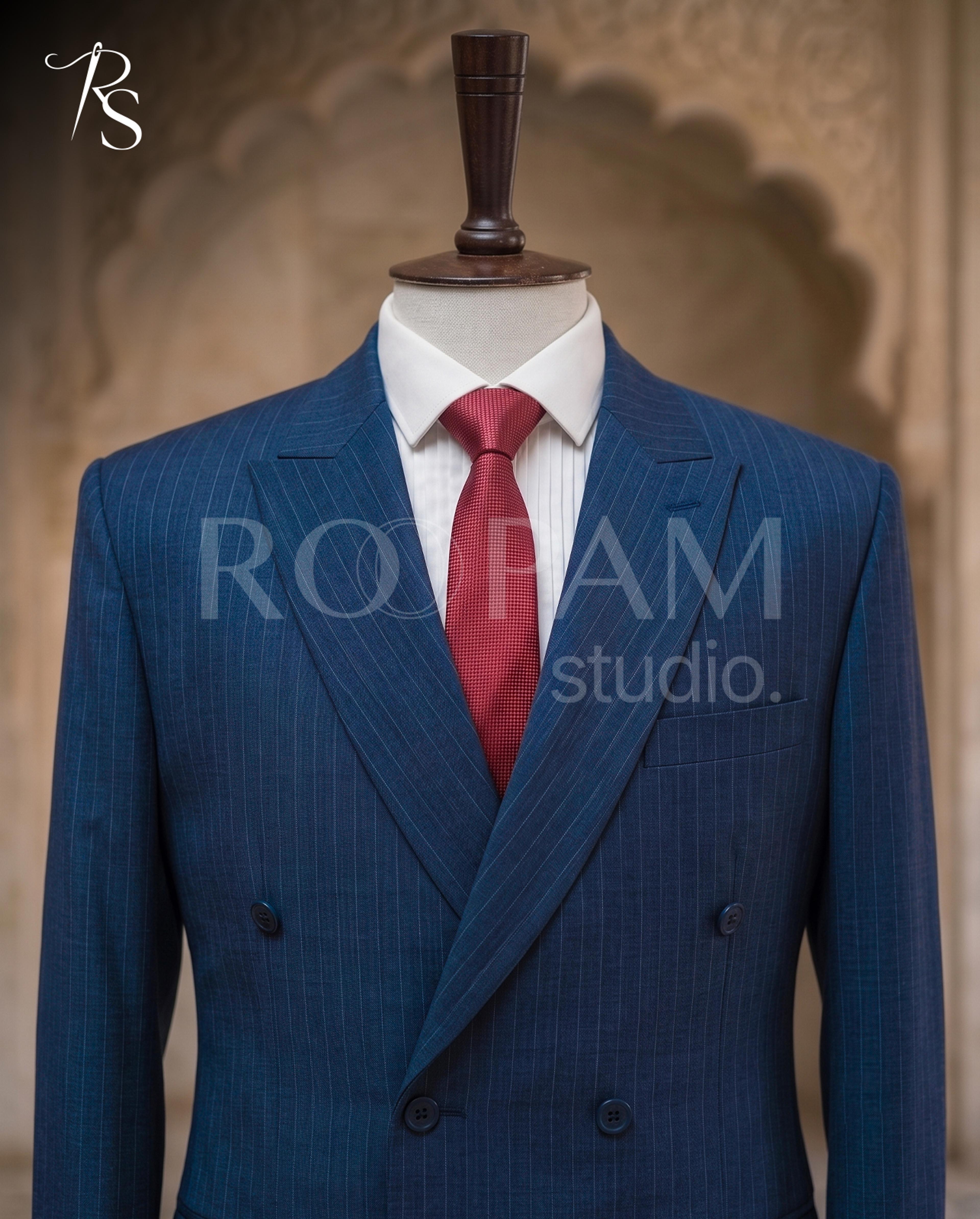 Premium Navy Blue Pinstripe Double-Breasted Suit (2-Piece) - Thumbnail 3