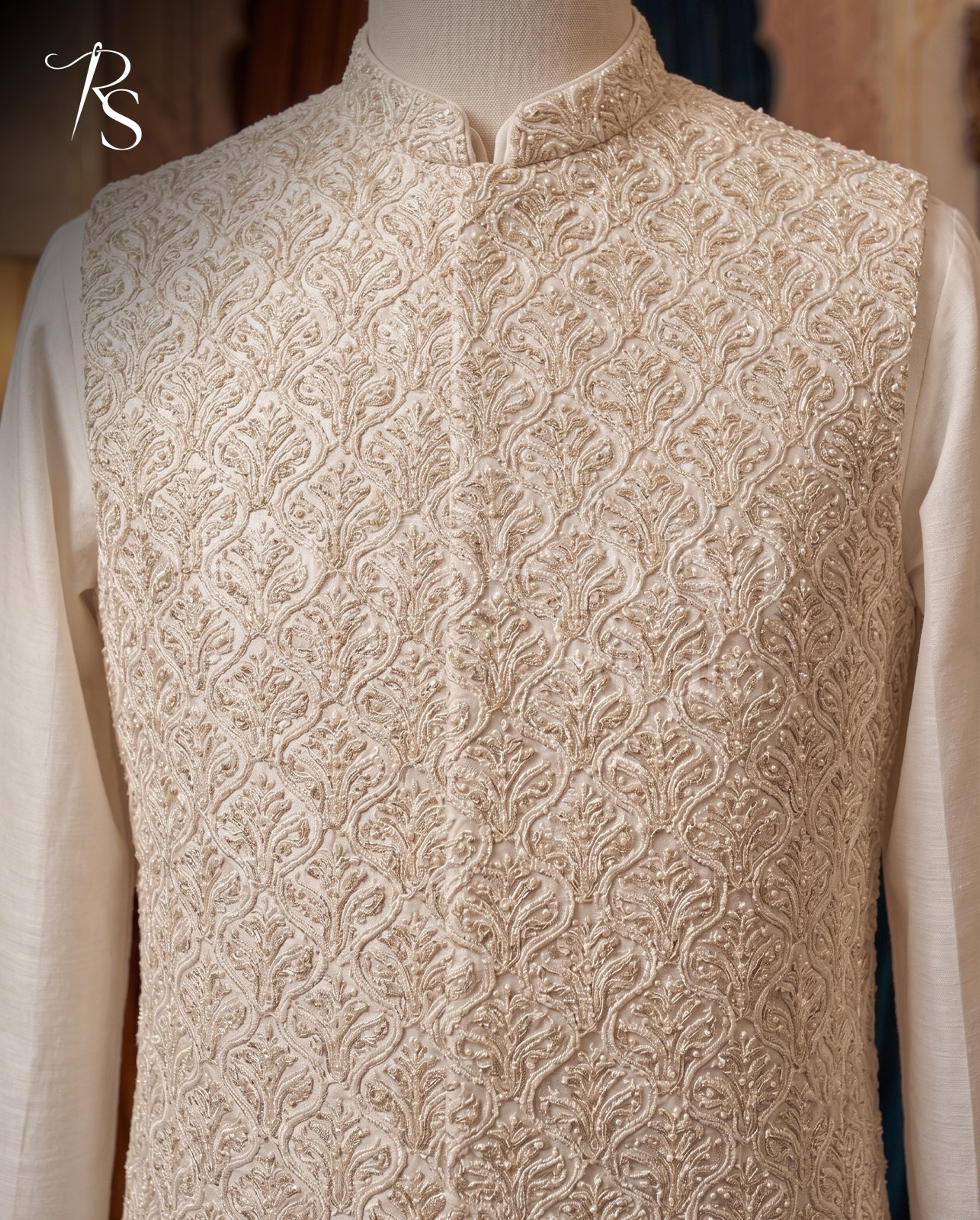 Premium Off-White Embroidered Waistcoat with Kurta Pajama – Nikkah Suit for Men - Thumbnail 2
