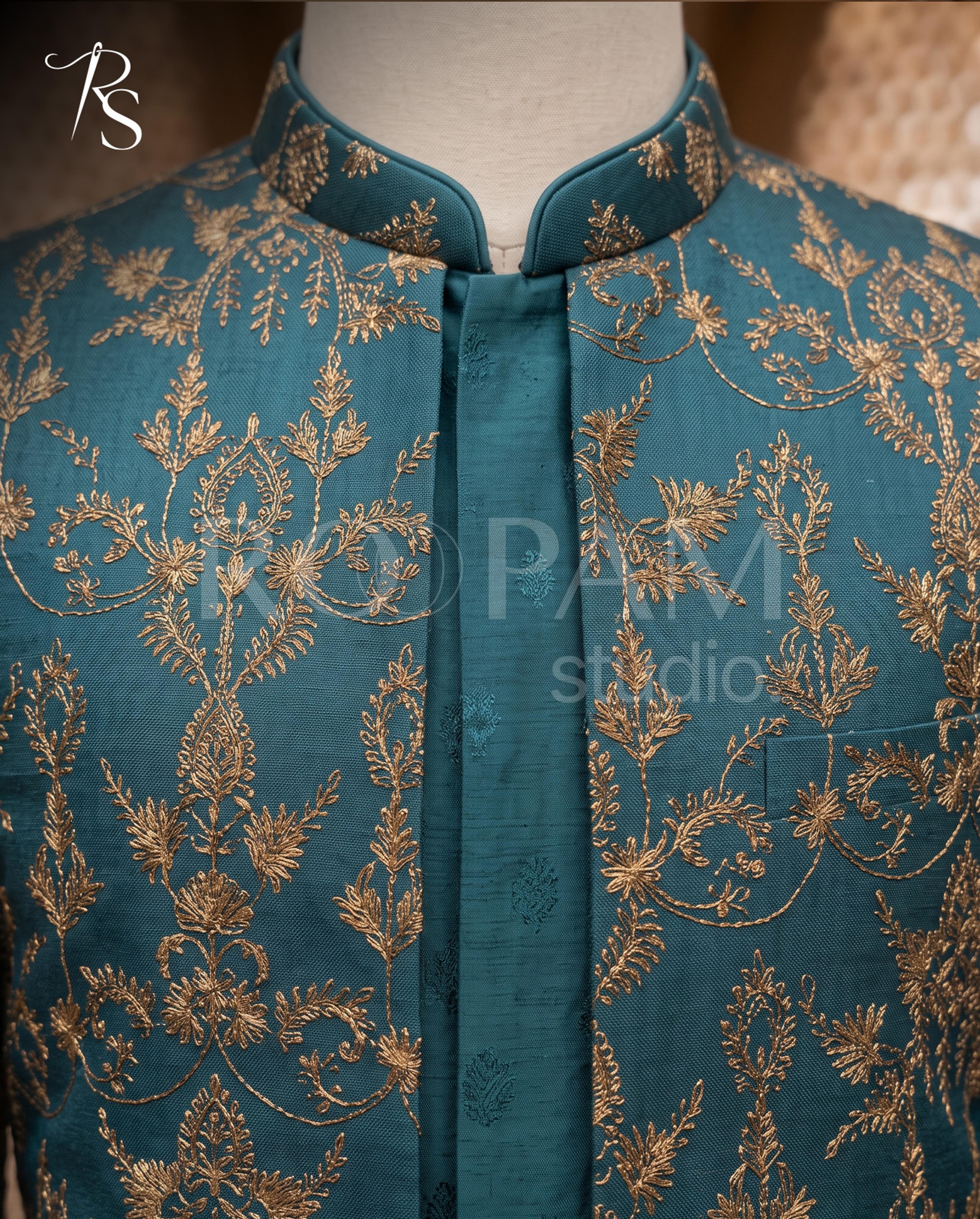 Roopam Studio Teal Green Embroidered Sherwani Set - Thumbnail 3