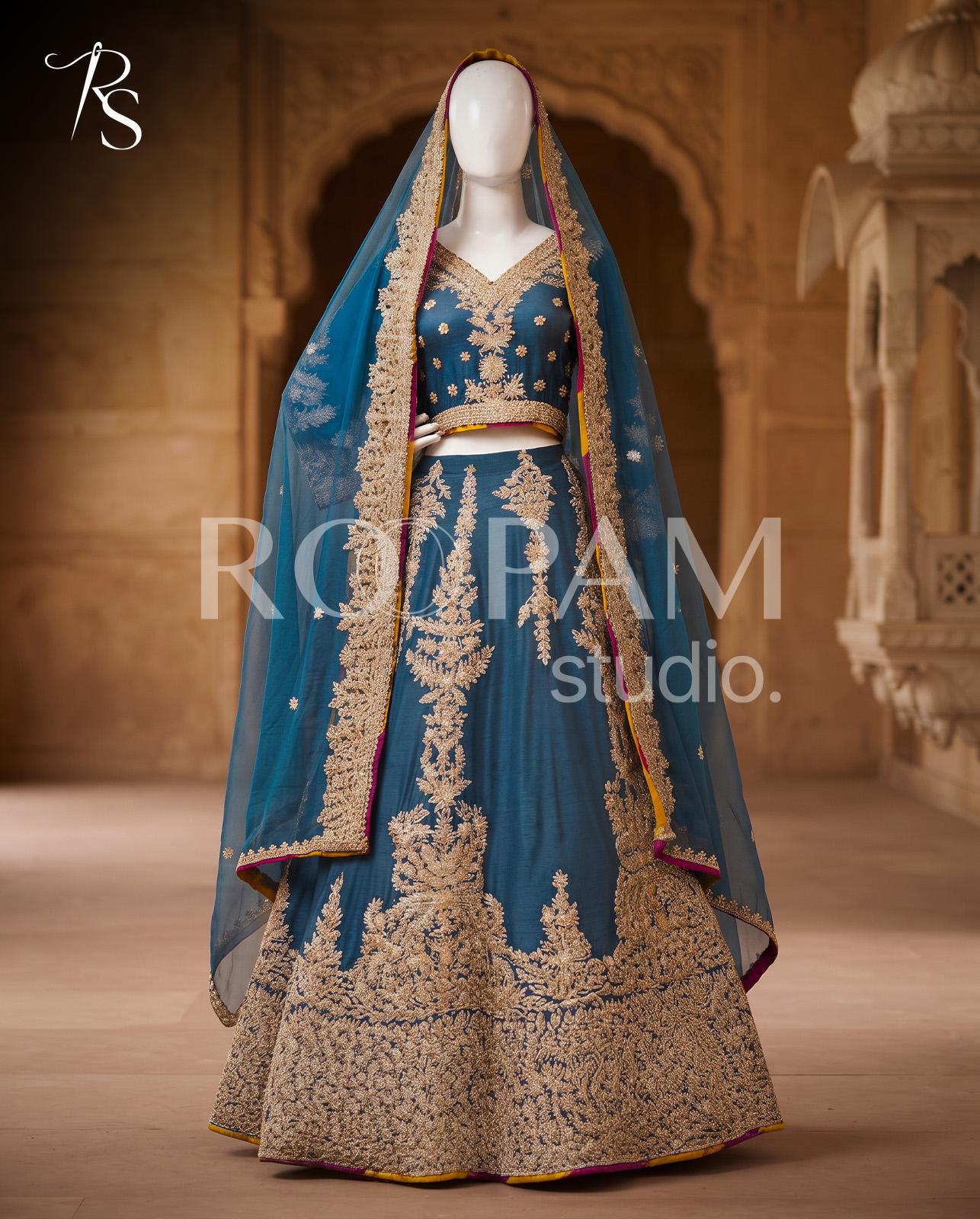 Midnight Teal Zardozi Mehndi Lehenga - Image 1