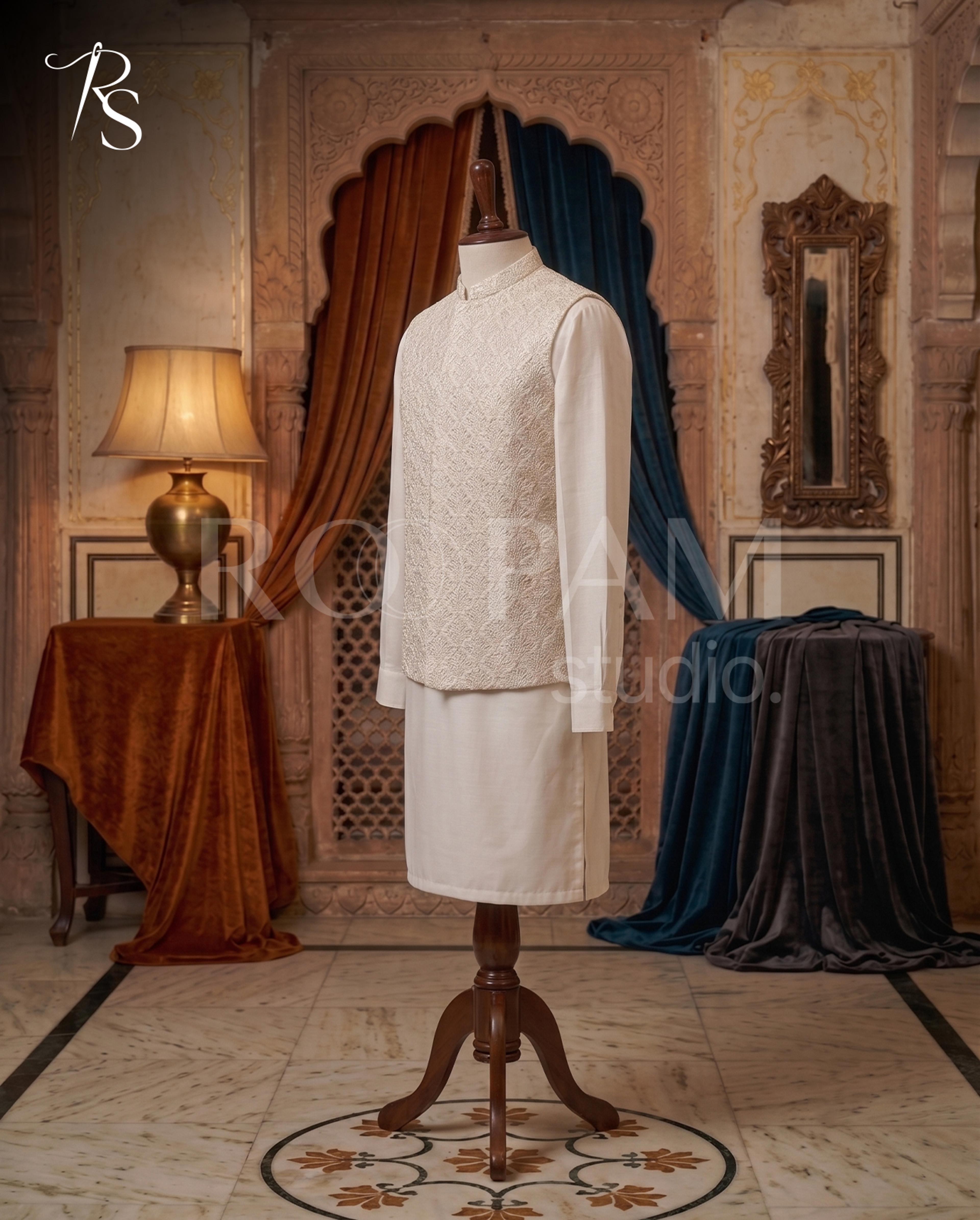 Premium Off-White Embroidered Waistcoat with Kurta Pajama – Nikkah Suit for Men - Thumbnail 3