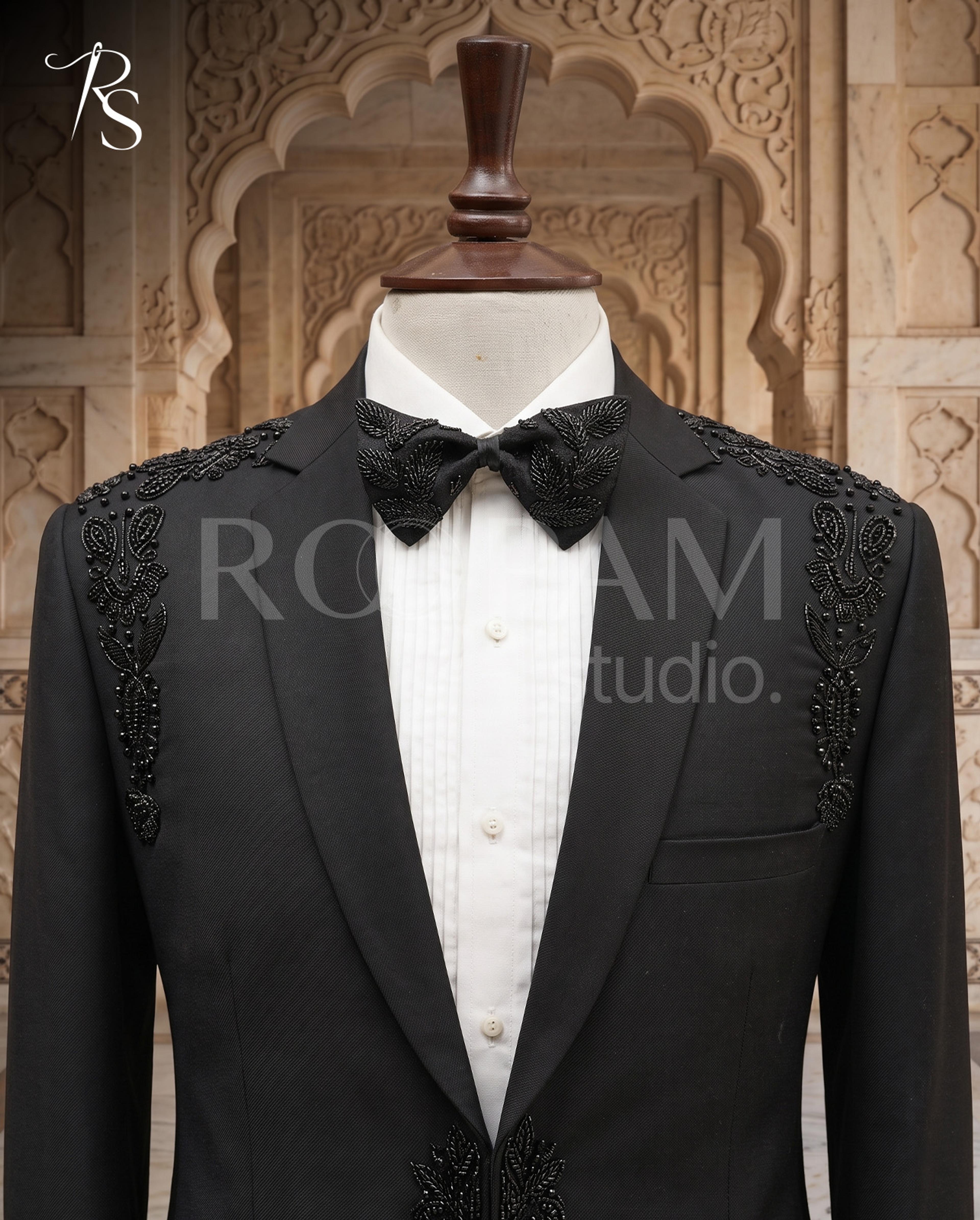 Luxury Black Symmetrical "Dual-Motif" Beaded Tuxedo Suit (2-Piece) - Thumbnail 4