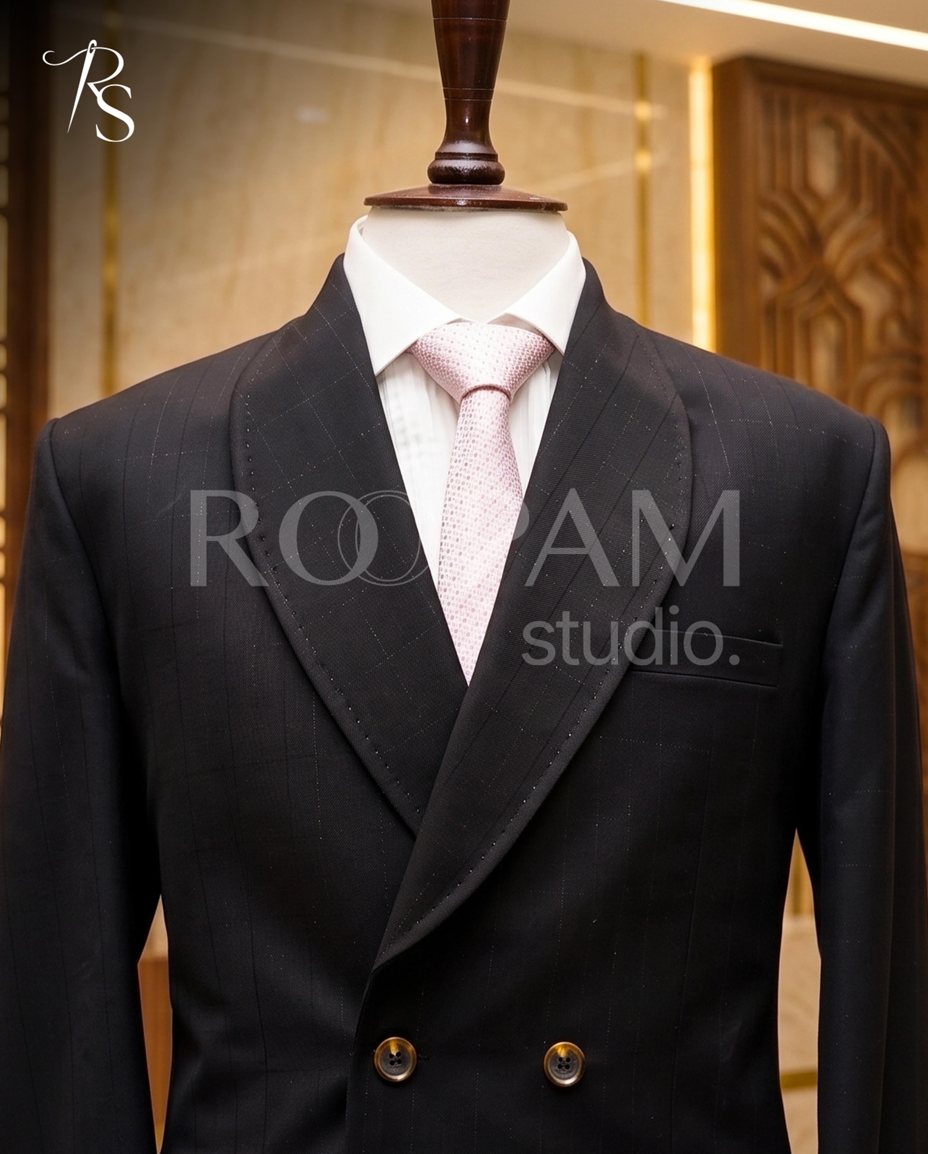 Premium Charcoal Black Pinstripe Double-Breasted Suit with Brown Trousers (2-Piece) - Thumbnail 2